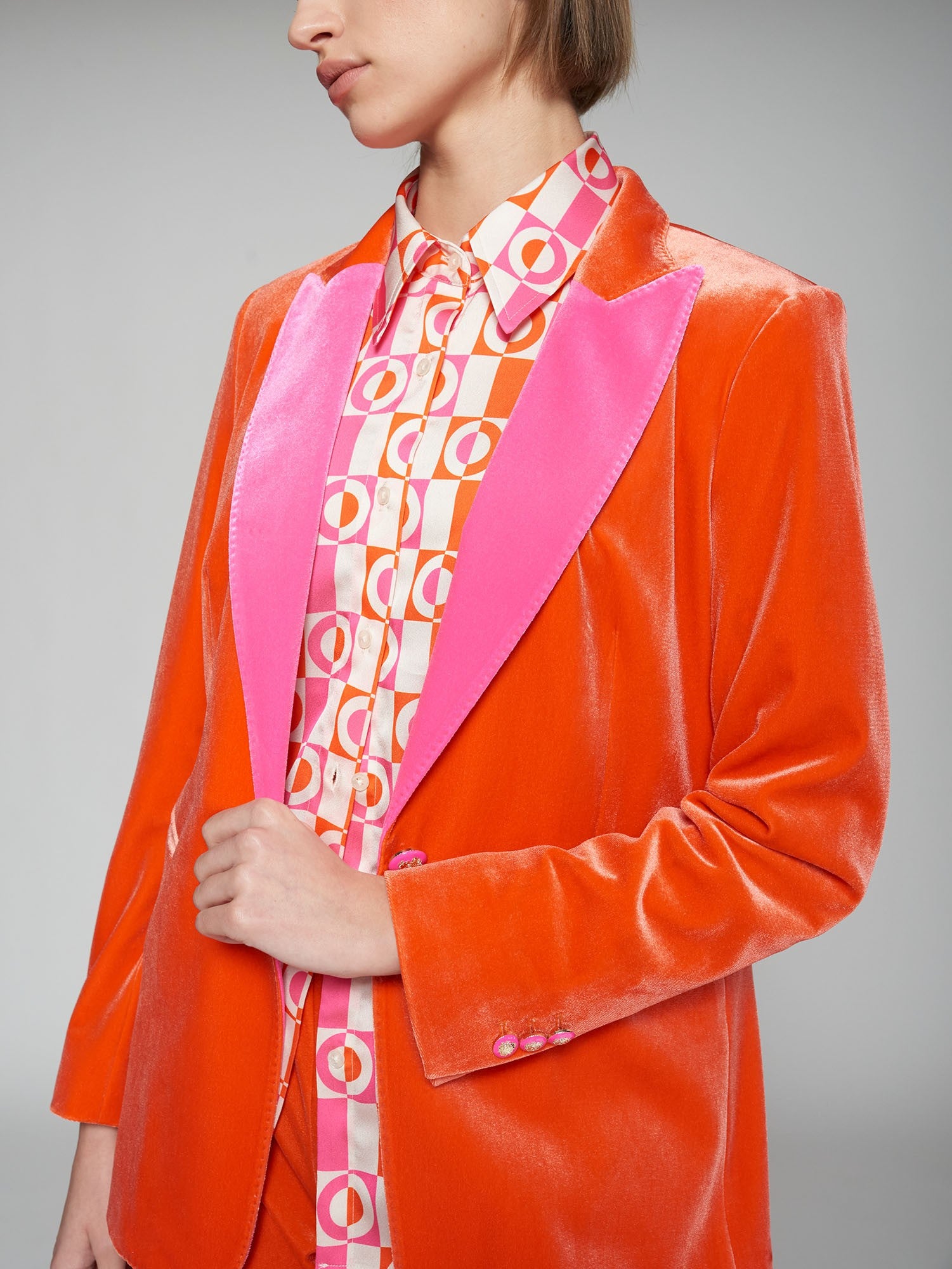 Orange Velvet Blazer w/Pink Peak Lapel and Top Stitch