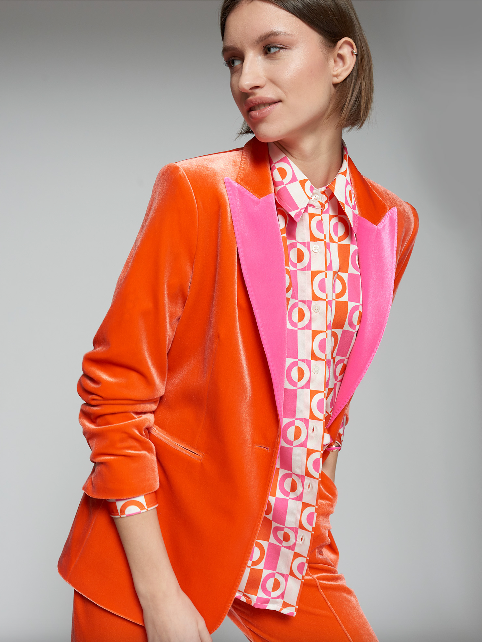 Orange Velvet Blazer w/Pink Peak Lapel and Top Stitch