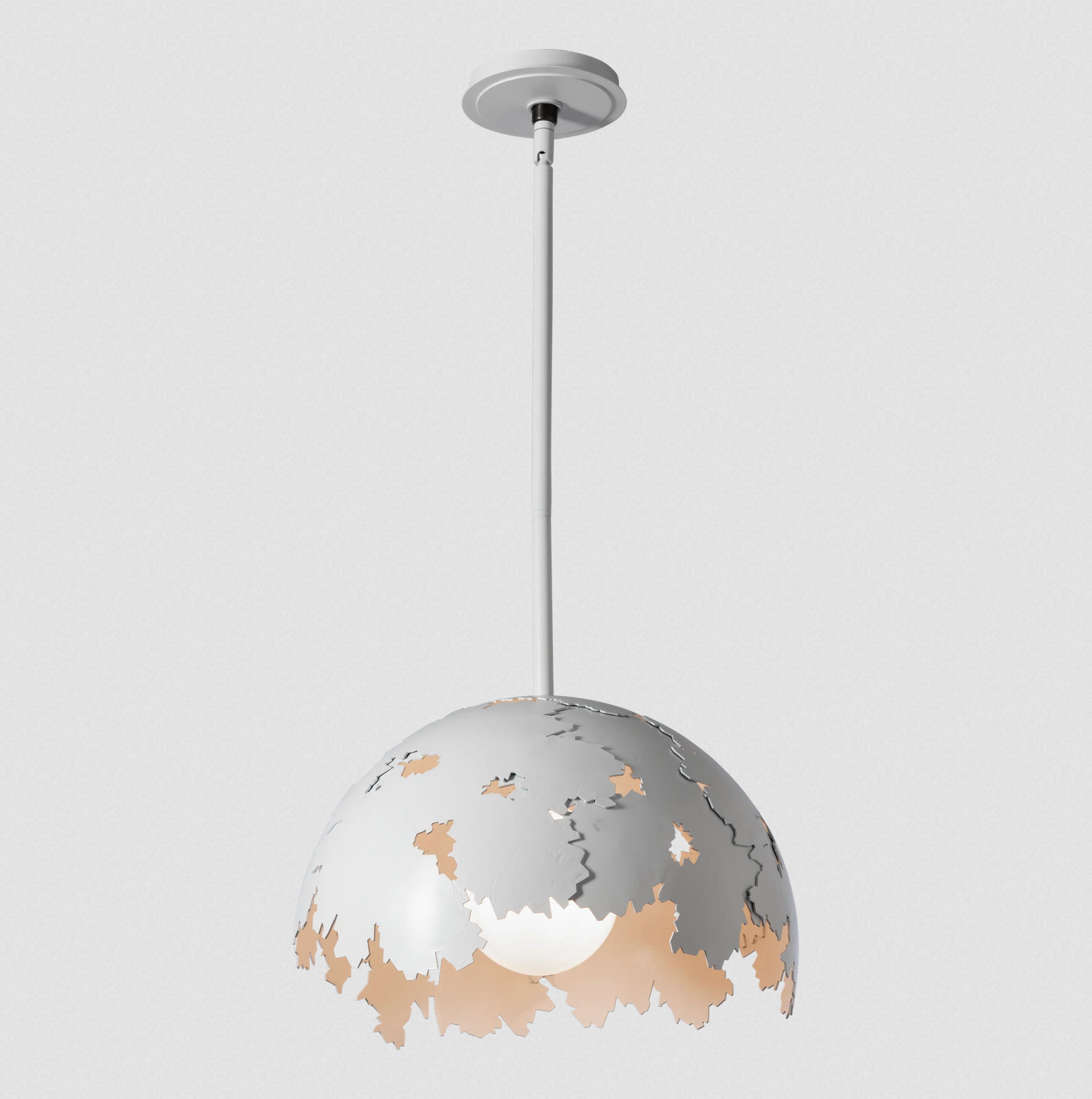 The Pangea 1-Light Pendant is "much like the tectonic plates that originally formed the supercontinent known as Pangea," according to Designer David Martin. "The forged plates collide and merge forming a unified whole.” A metal dome of forged steel creates a fusion of nature-inspired design and bold aesthetics, making a statement in any space.