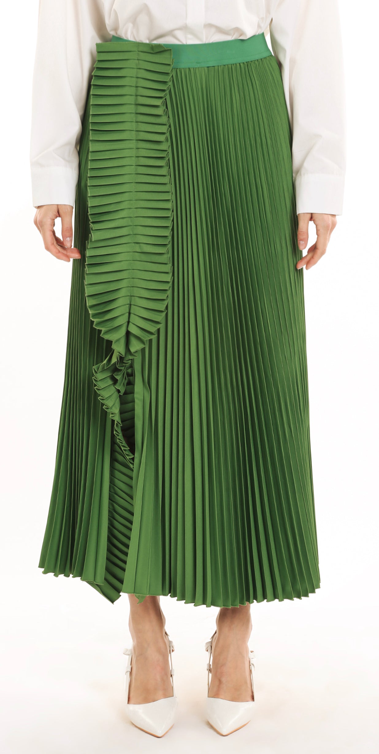 Pleated Ruffle Satin Maxi Skirt