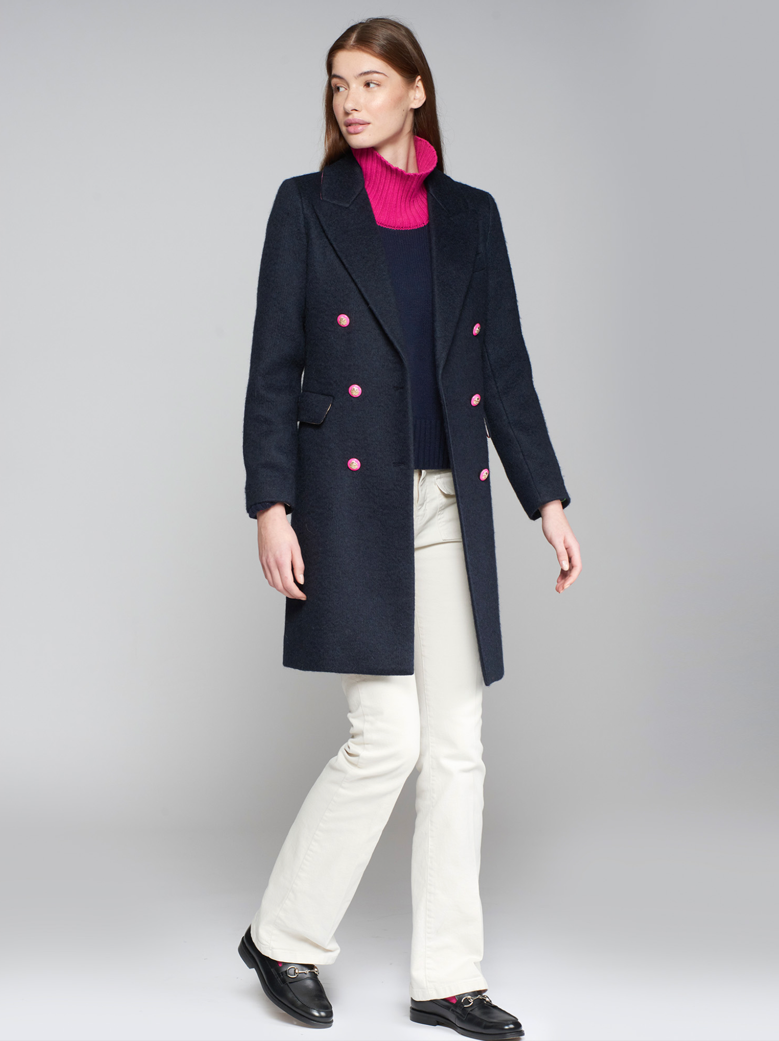 Navy Trench Coat With Pink Buttons