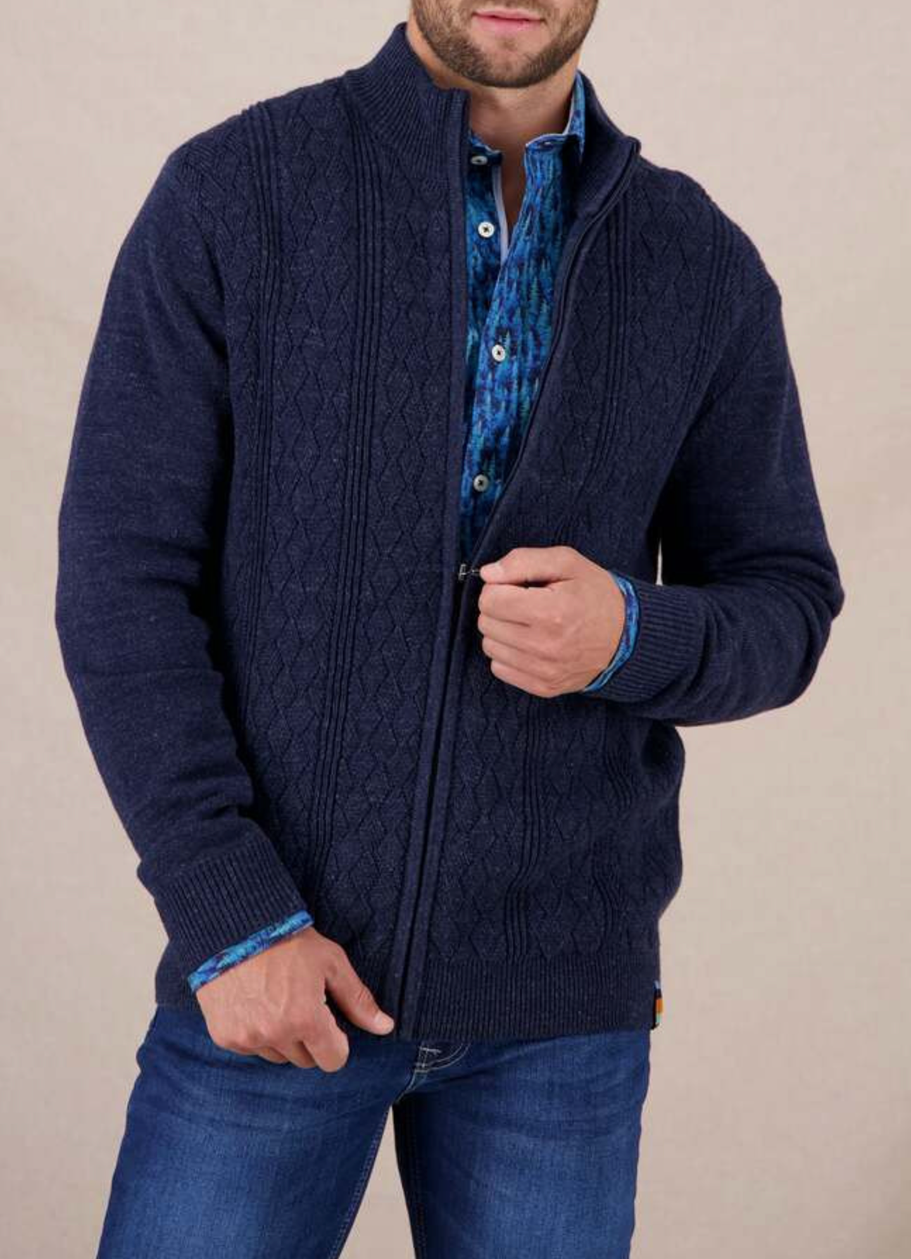 Structured Cable Knit Navy Zip-Up