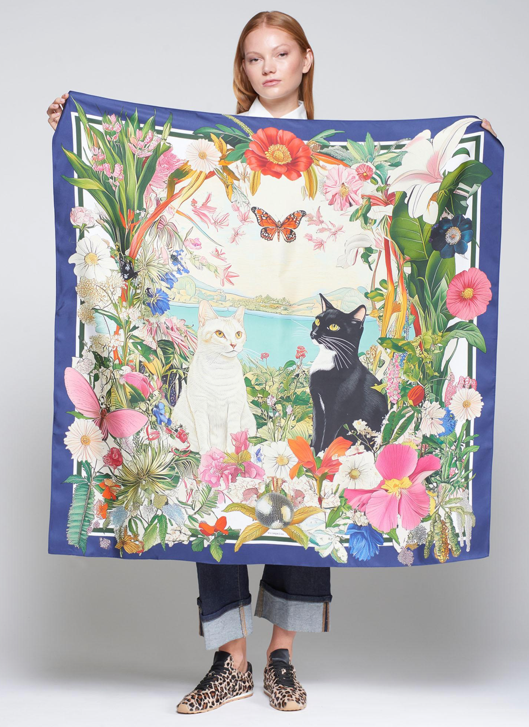 SILK CATS & FLOWERS SCARF