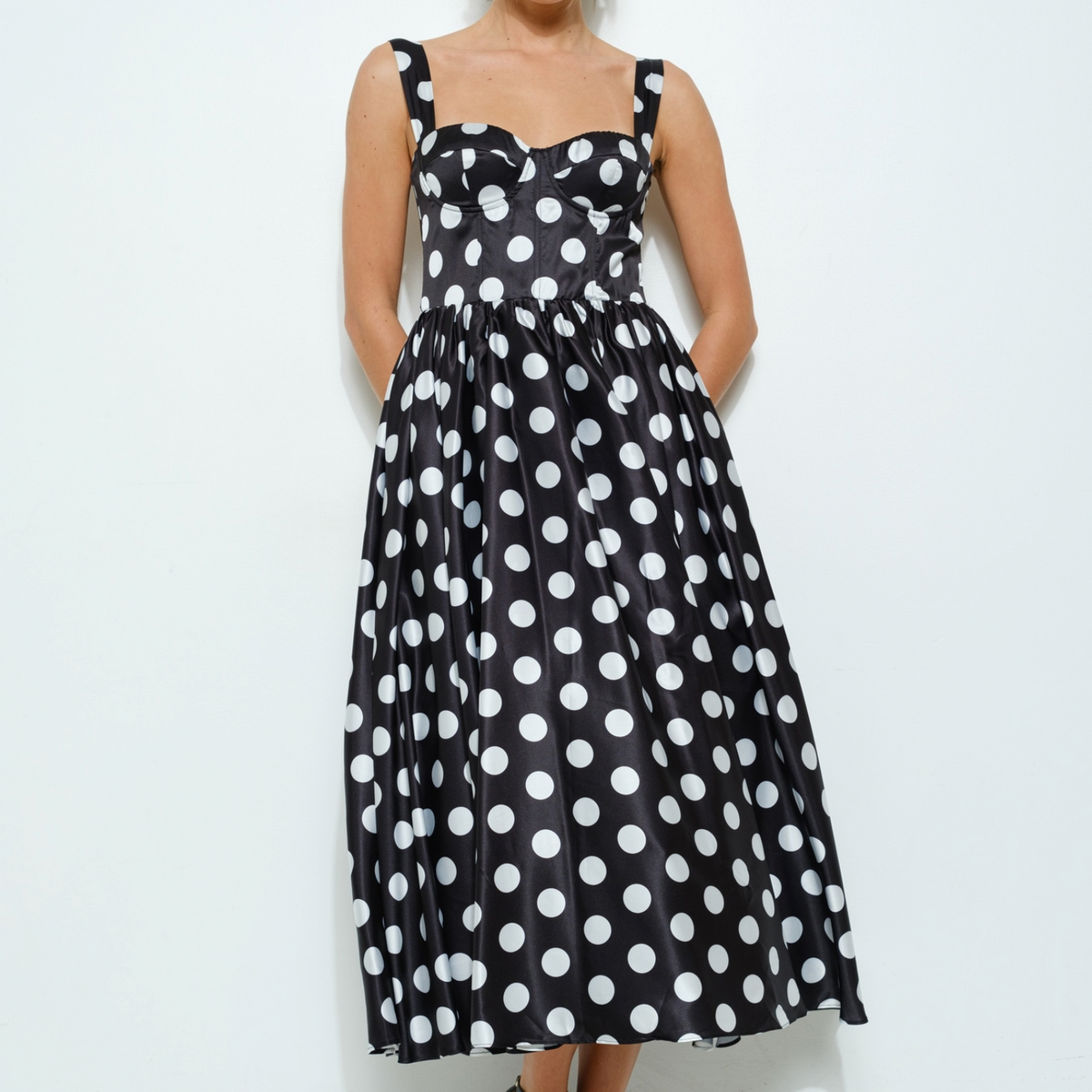 pleated sweetheart midi dress in polka dot The Paris Polka Dot Midi Dress