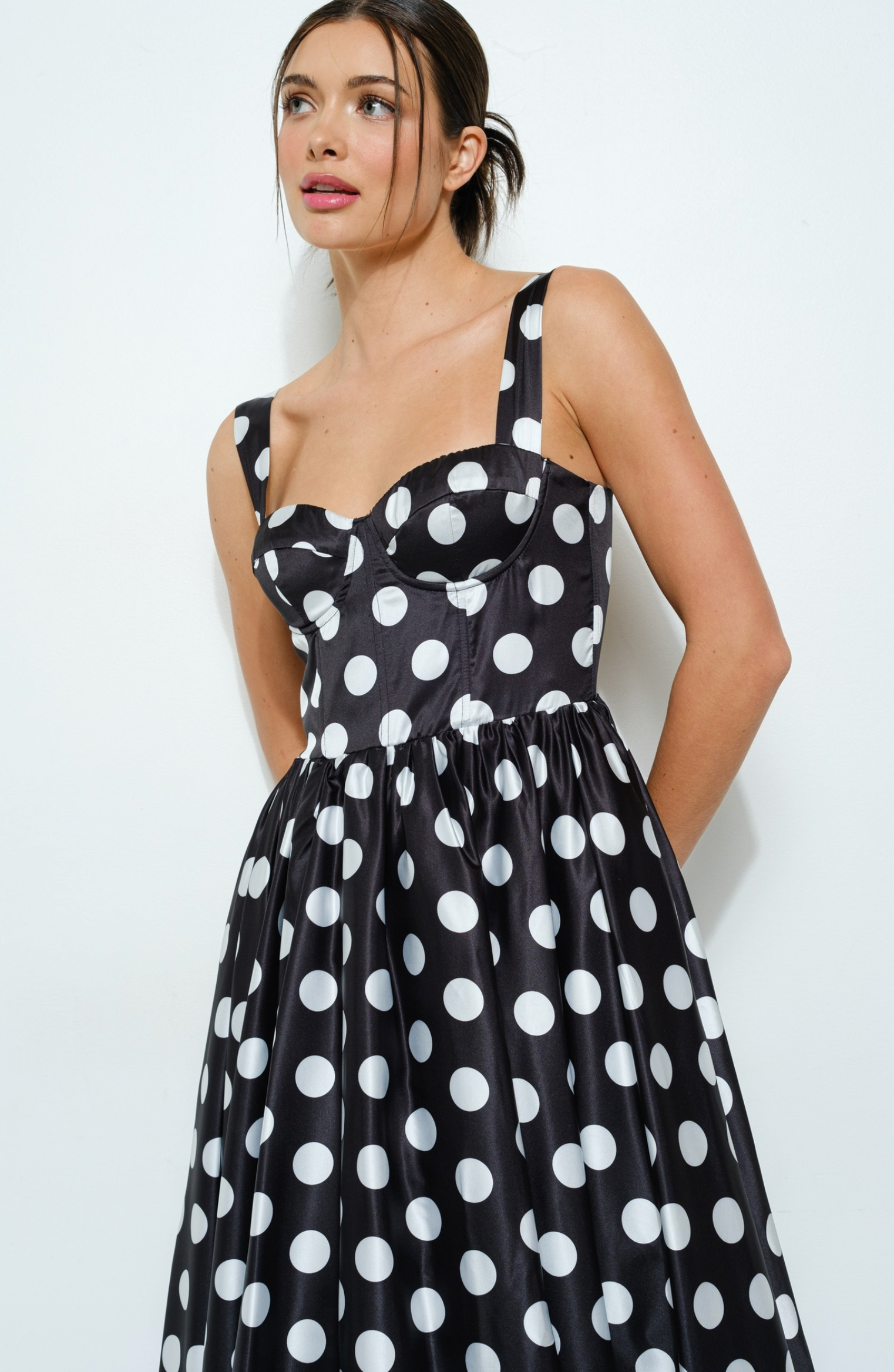 Polka Dot Bustier Sweetheart Midi Dress