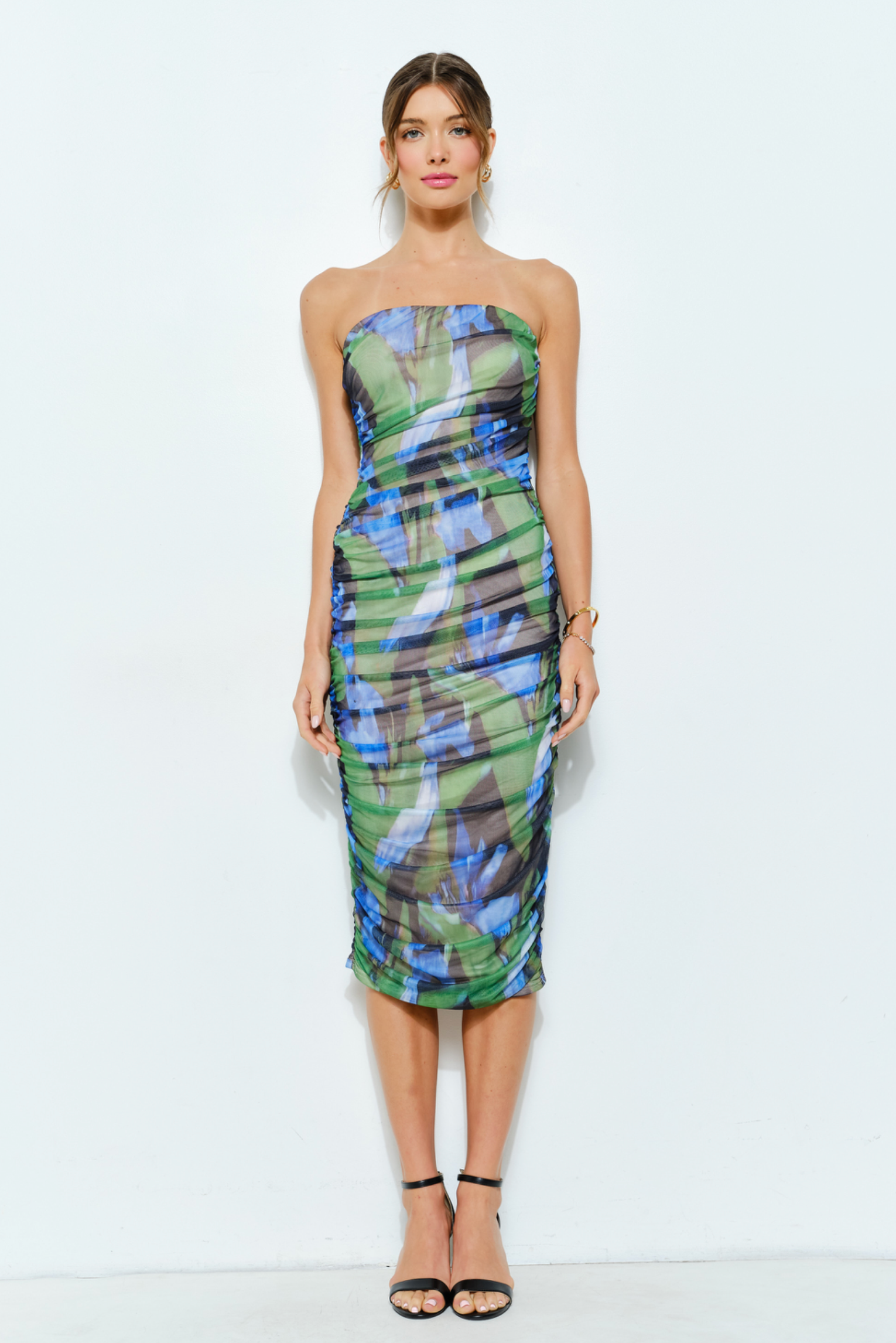 Abstract Print Strapless Ruched Midi Dress