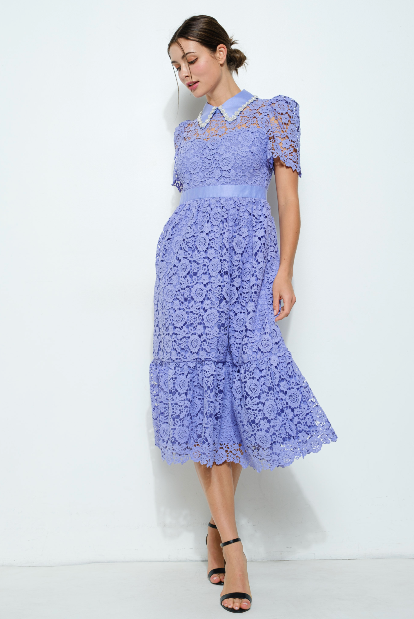 Pearl Embellished Collar Lace Midi Dress