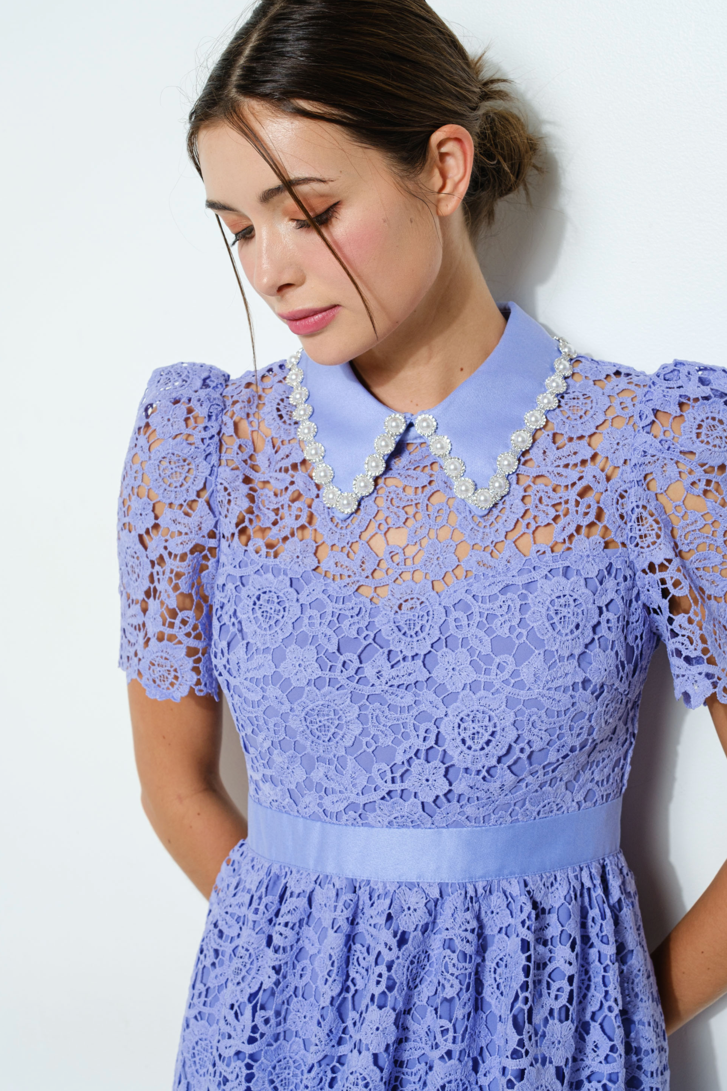 Pearl Embellished Collar Lace Midi Dress