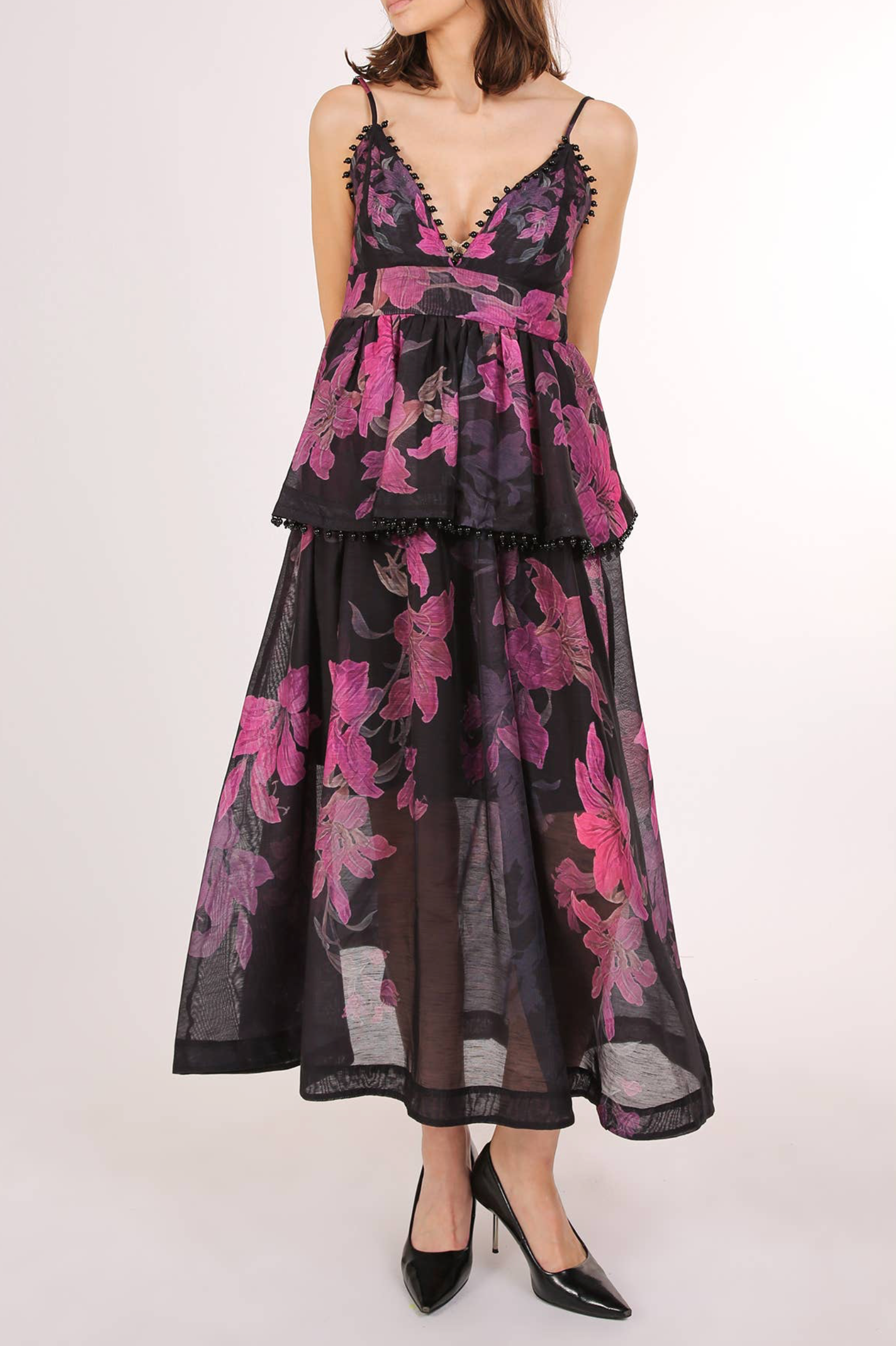 Trim Tiered and beaded Floral Print Maxi Slip Dress