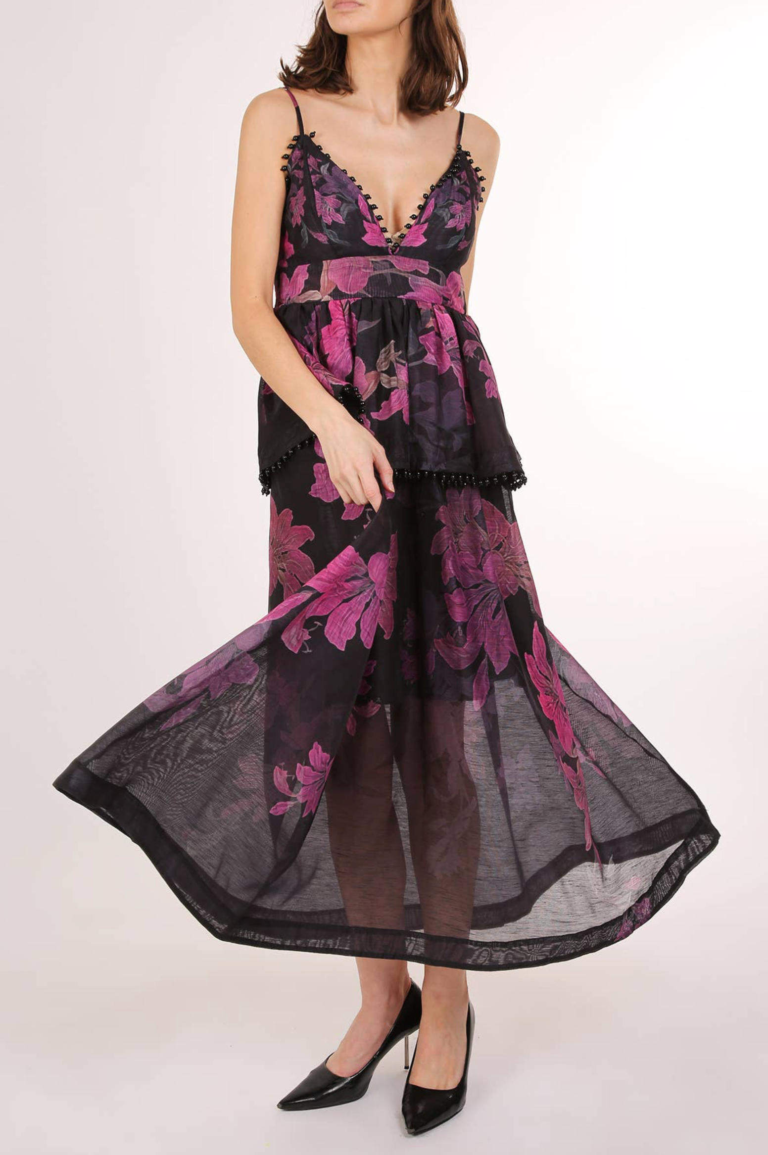 Trim Tiered and beaded Floral Print Maxi Slip Dress