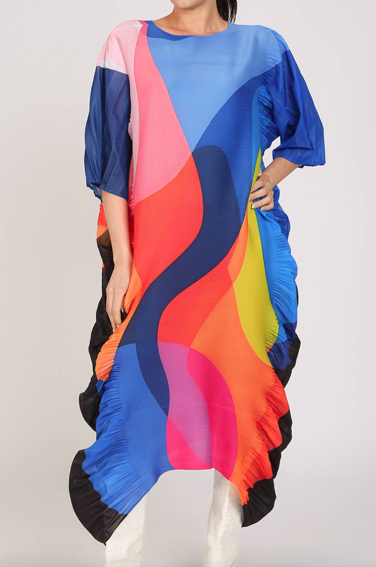 Multicolor Abstract Print Flare Pleats Midi Dress