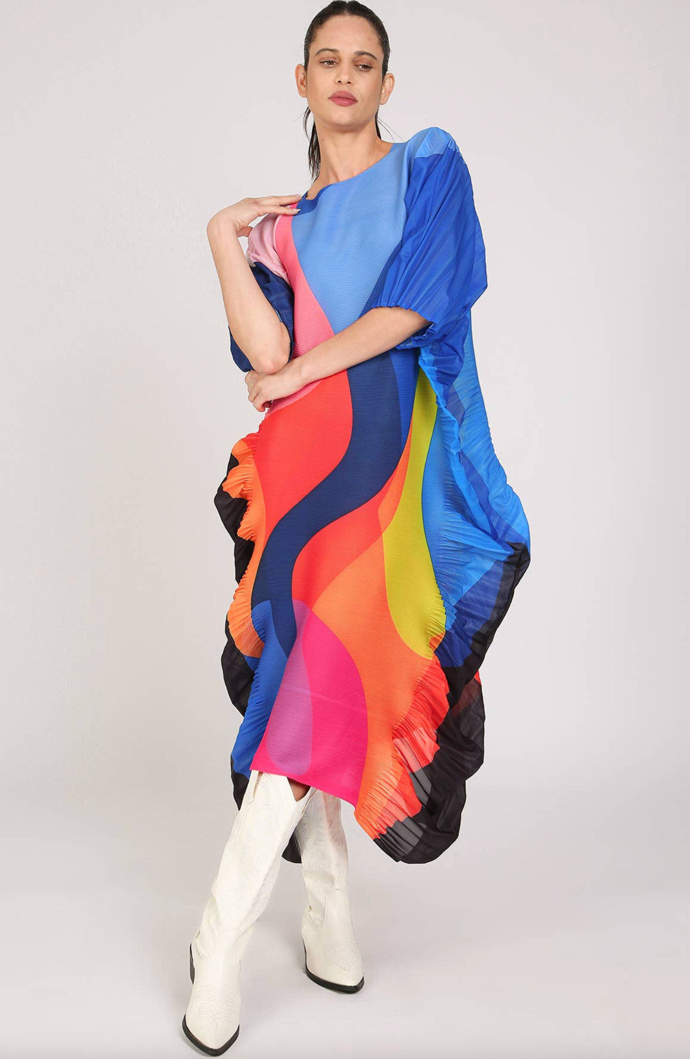 Multicolor Abstract Print Flare Pleats Midi Dress