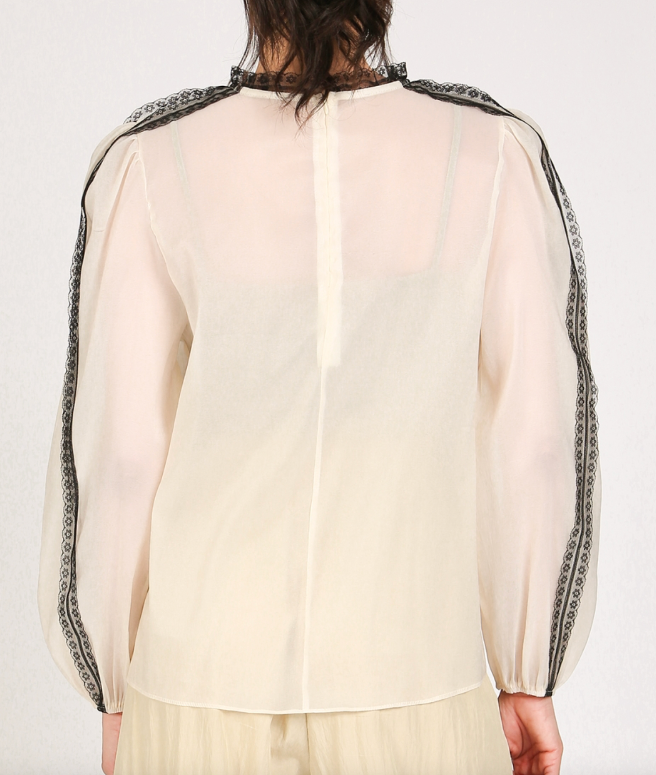 Contrast Lace Detail On Sheer Organza Blouse QC2101