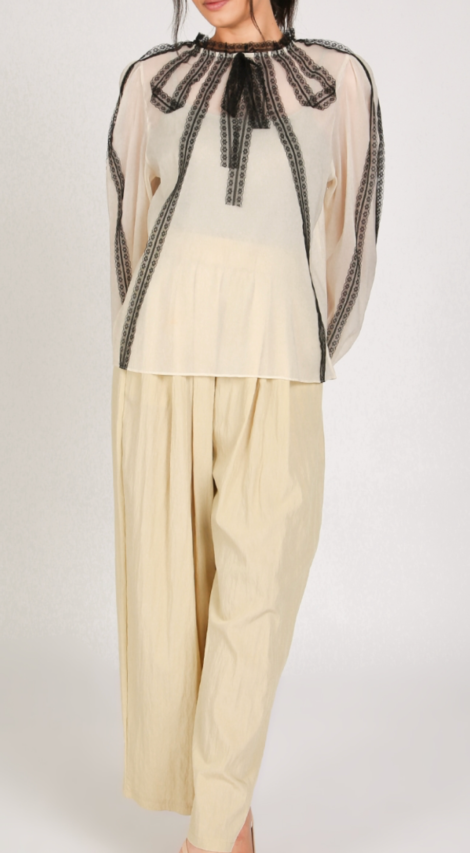 Contrast Lace Detail On Sheer Organza Blouse QC2101