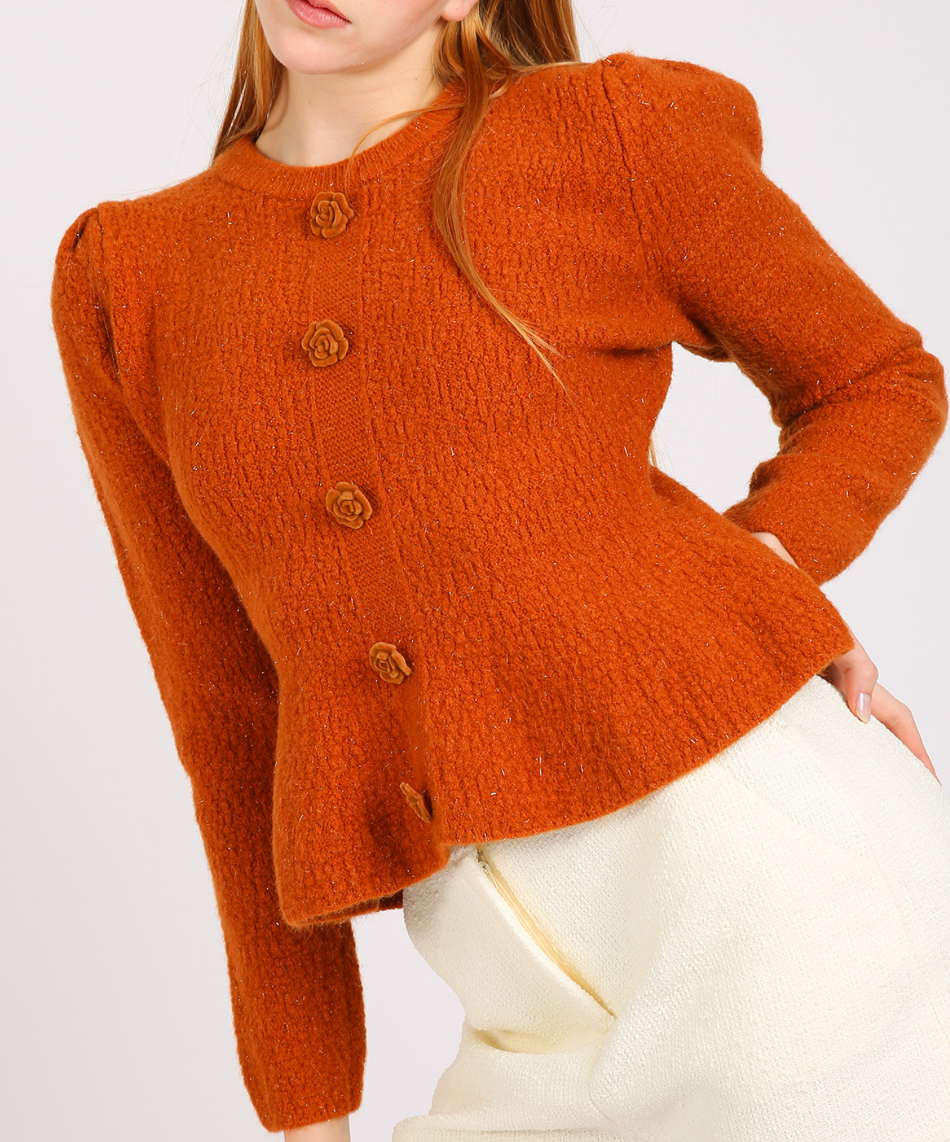 Floral Applique Ribbed Knit Puff Top PE2079