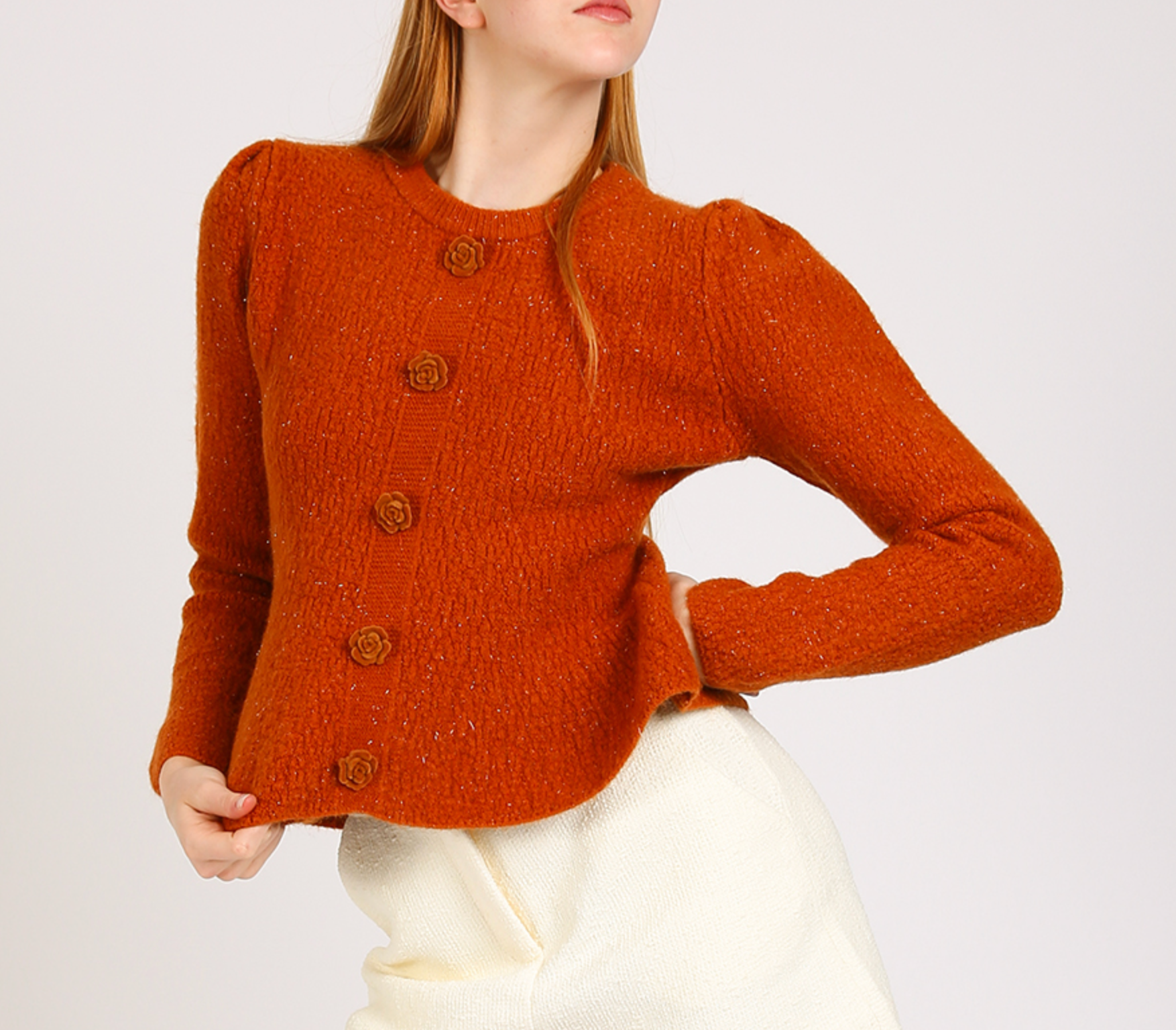 Floral Applique Ribbed Knit Puff Top PE2079