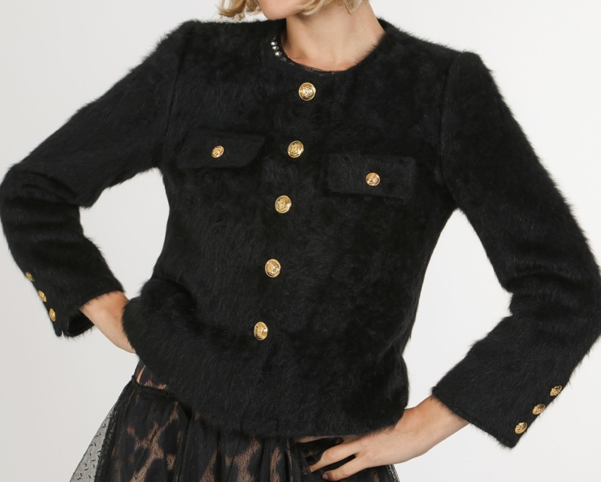 Fuzzy Tweed Single-Breasted Jacket QM4051