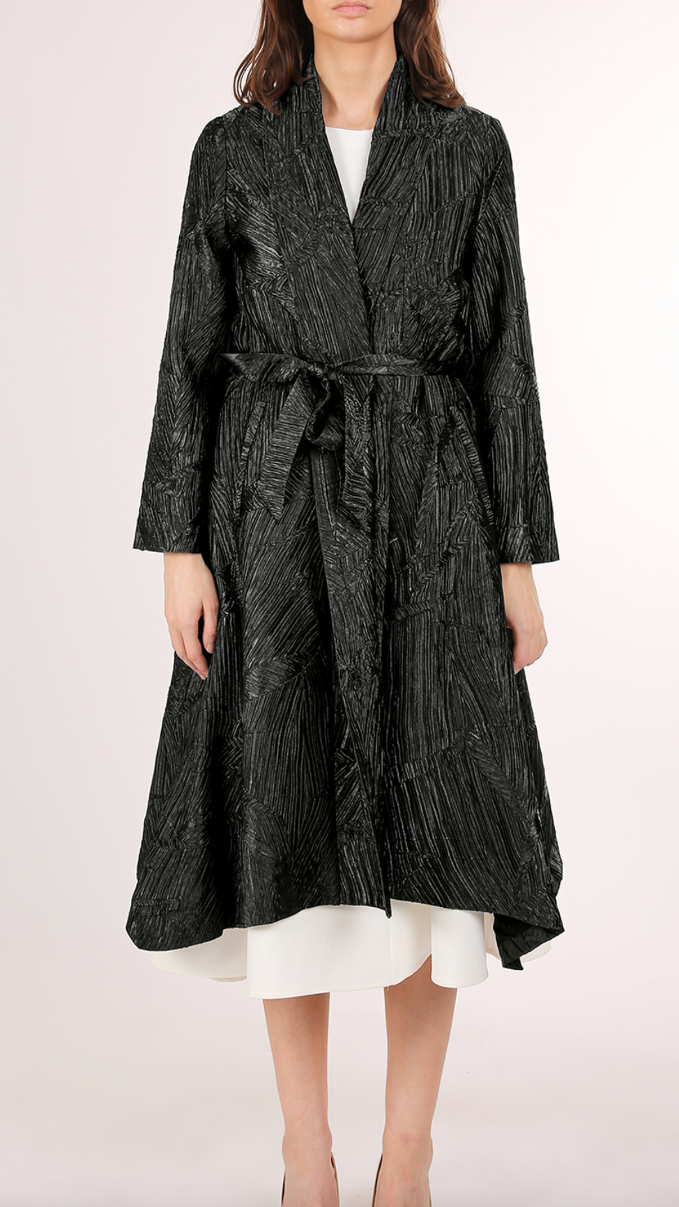 Glossy Pleats Detail Belted Open V-Neck Coat PM4205-L