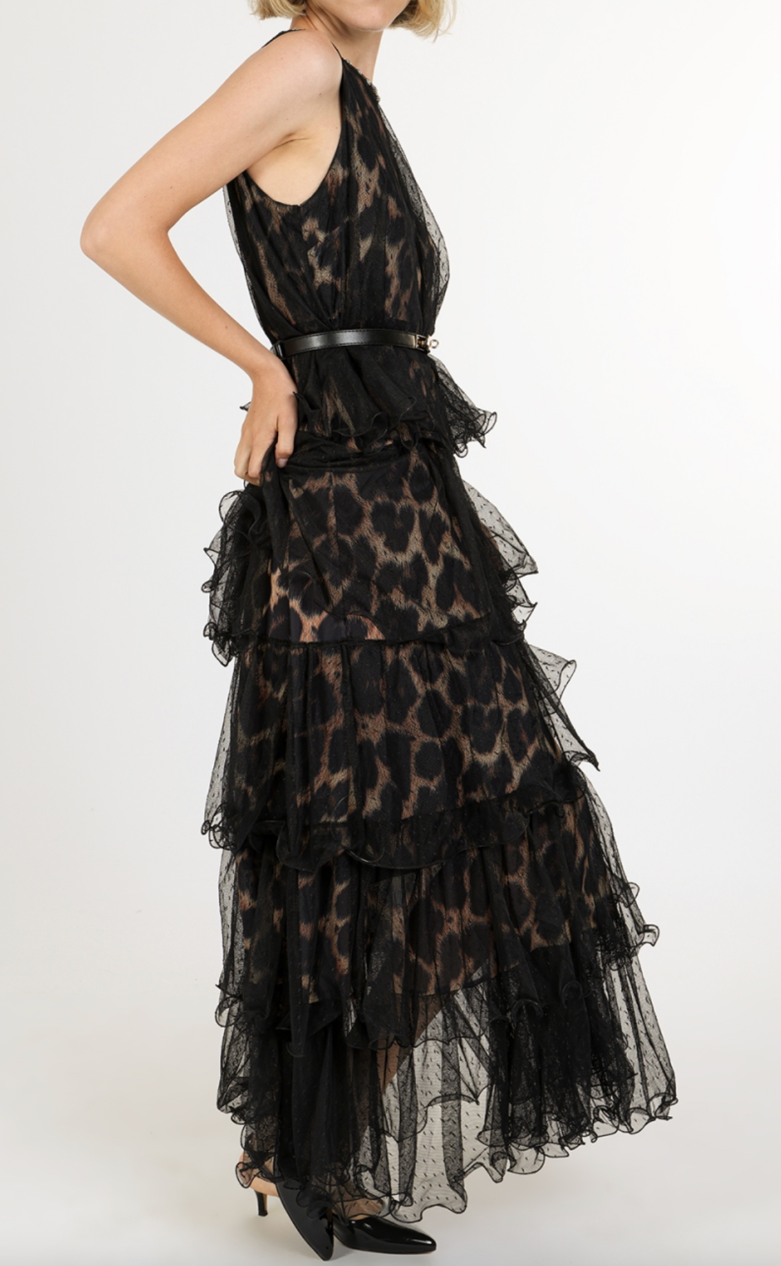 Leopard Print On Tiered Mesh Sleeveless Maxi Dress QC3579