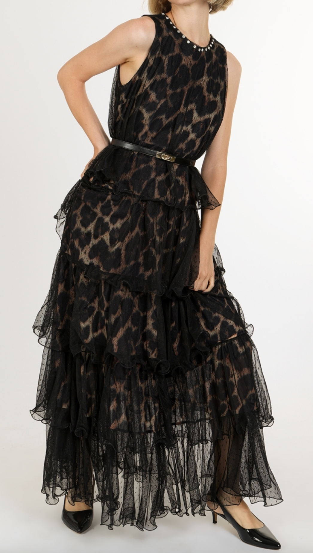 Leopard Print On Tiered Mesh Sleeveless Maxi Dress QC3579