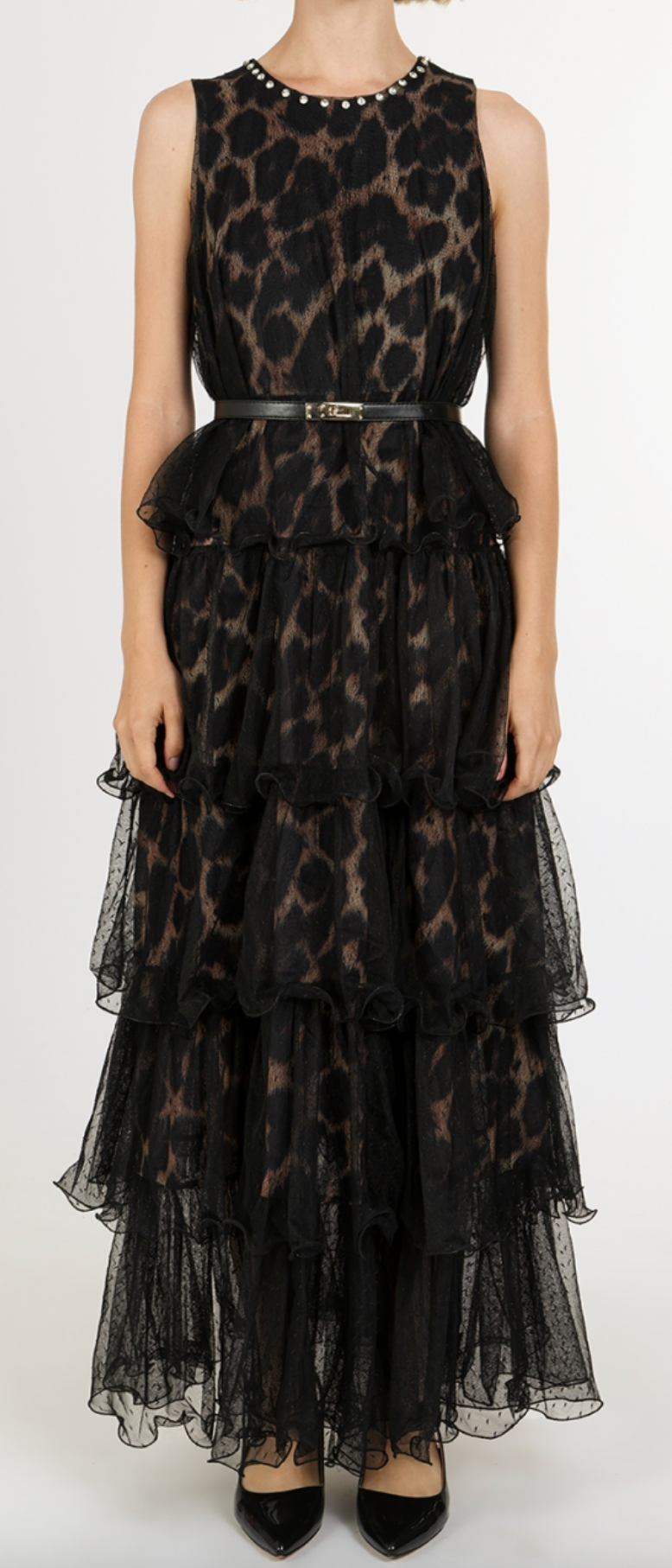 Leopard Print On Tiered Mesh Sleeveless Maxi Dress QC3579