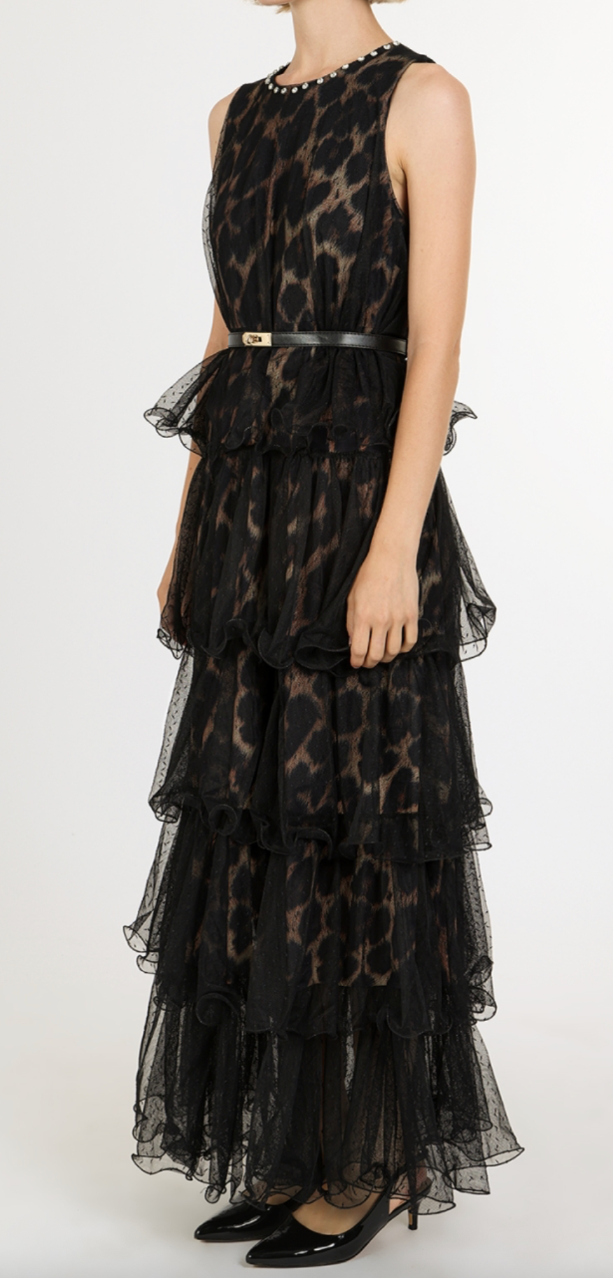 Leopard Print On Tiered Mesh Sleeveless Maxi Dress QC3579