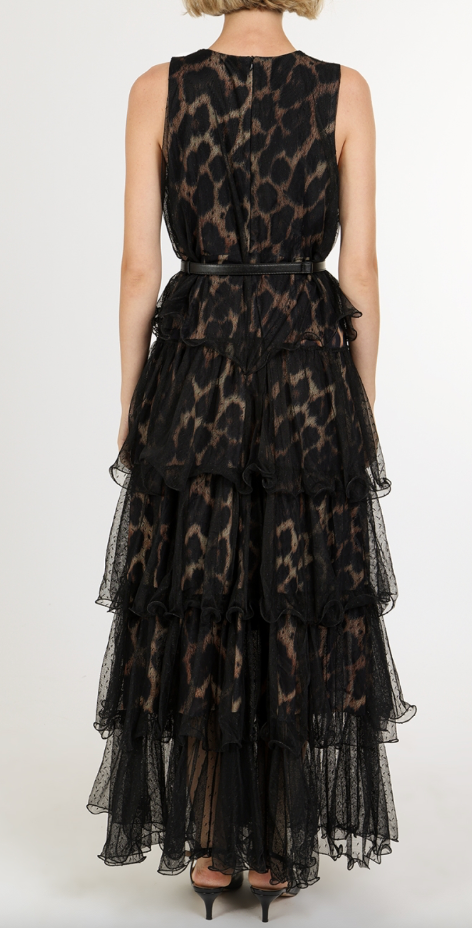 Leopard Print On Tiered Mesh Sleeveless Maxi Dress QC3579