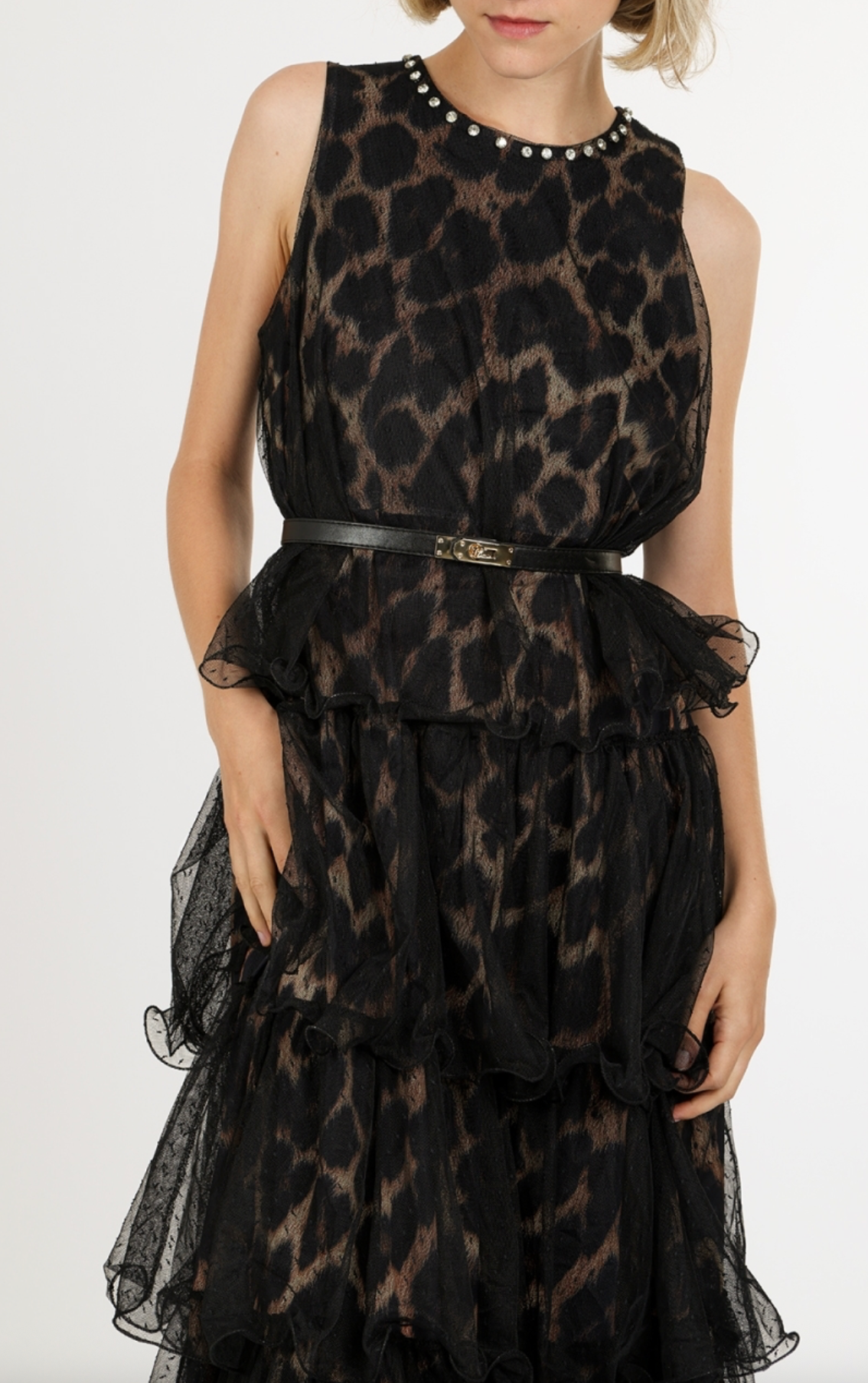 Leopard Print On Tiered Mesh Sleeveless Maxi Dress QC3579
