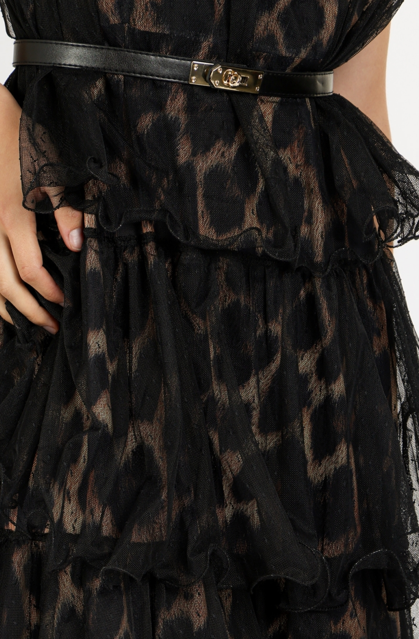 Leopard Print On Tiered Mesh Sleeveless Maxi Dress QC3579