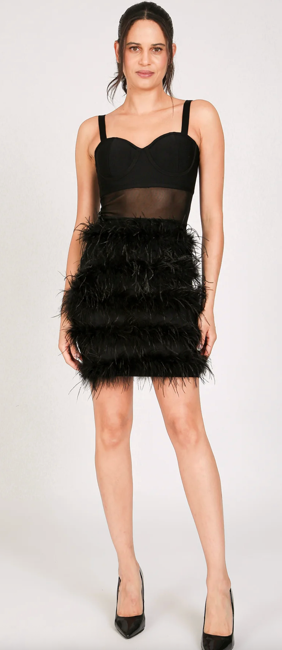 Victoria Tiered Faux Feather Pencil Slip Mini Dress