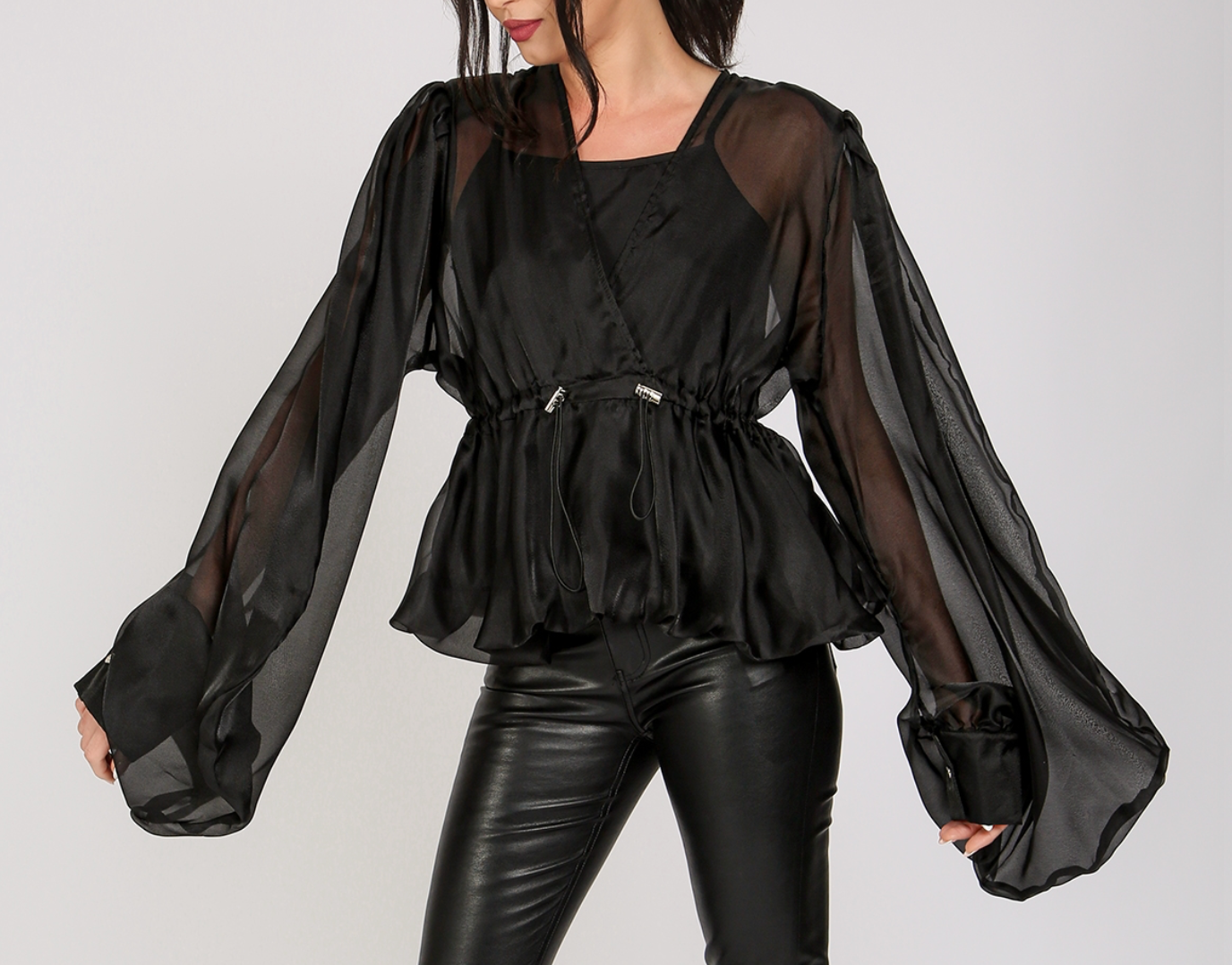 Volume Organza Blouse with Waist Drawstring QC2075