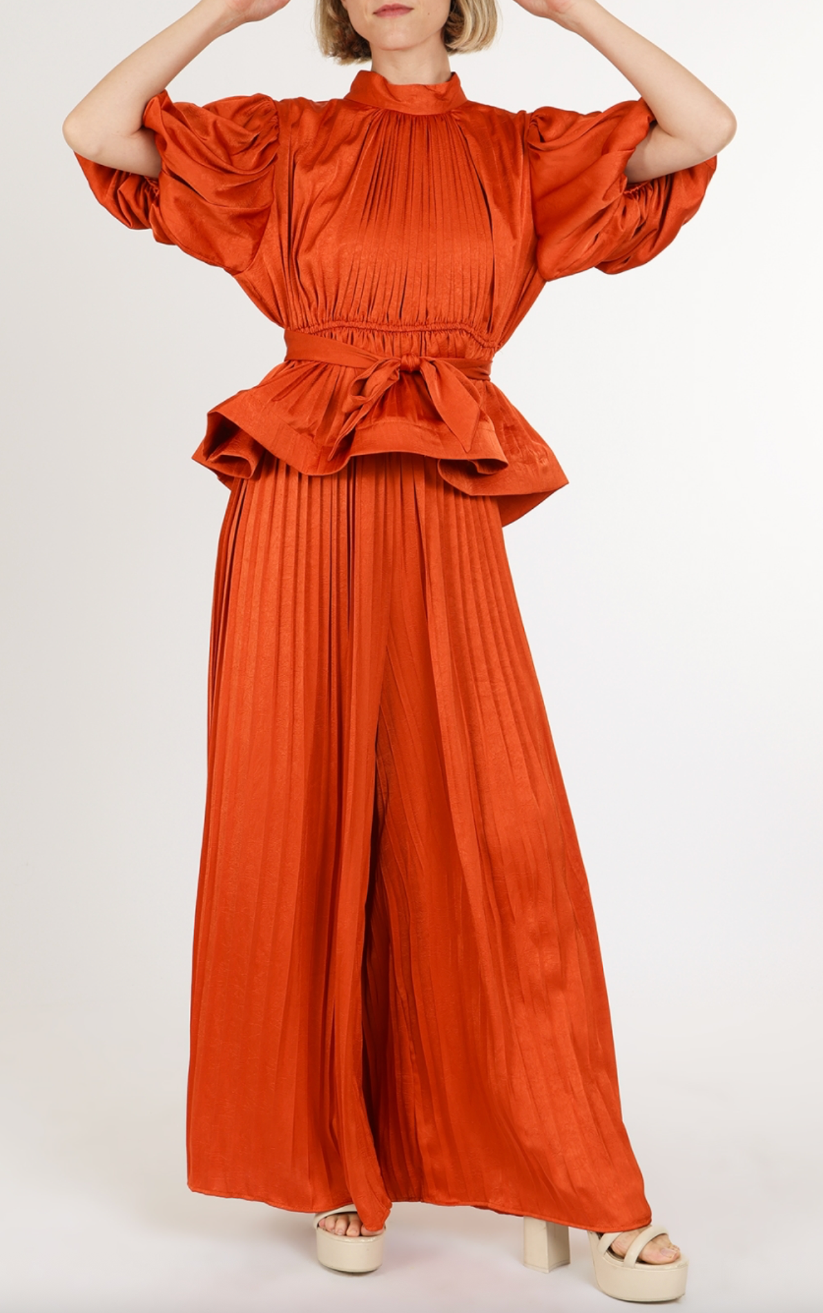 Glossy Texture Belted Pleats Top & Flare Pants Set QC6239