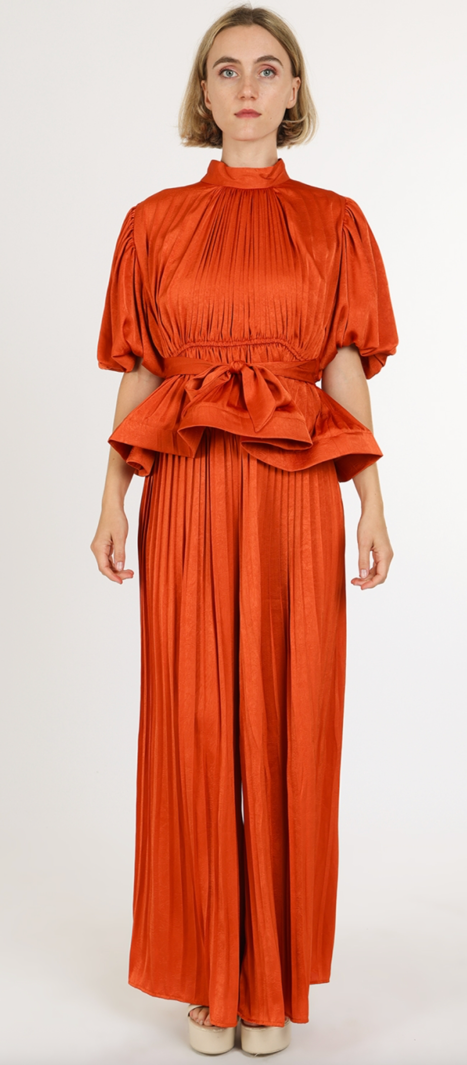Glossy Texture Belted Pleats Top & Flare Pants Set QC6239