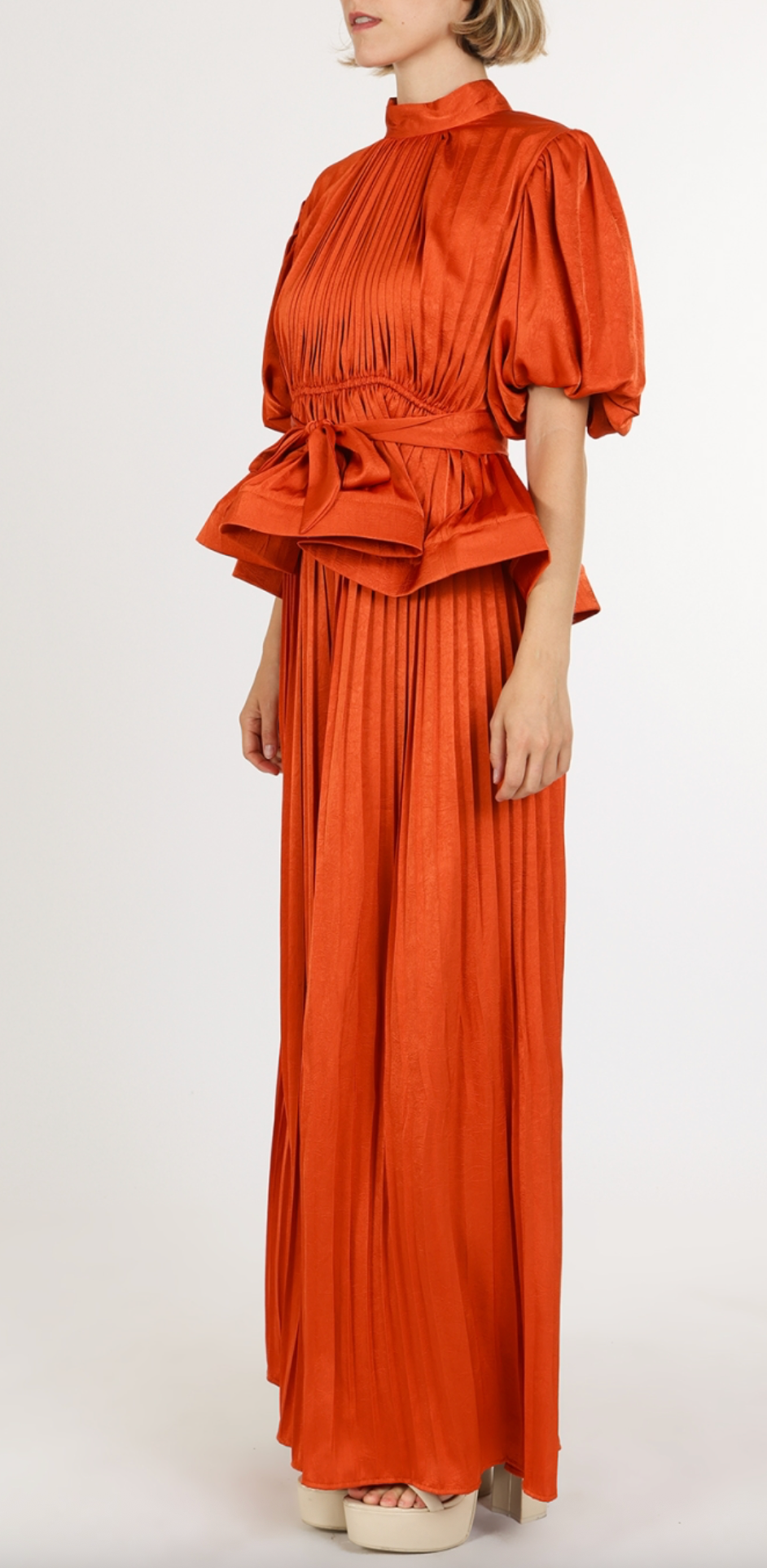Glossy Texture Belted Pleats Top & Flare Pants Set QC6239