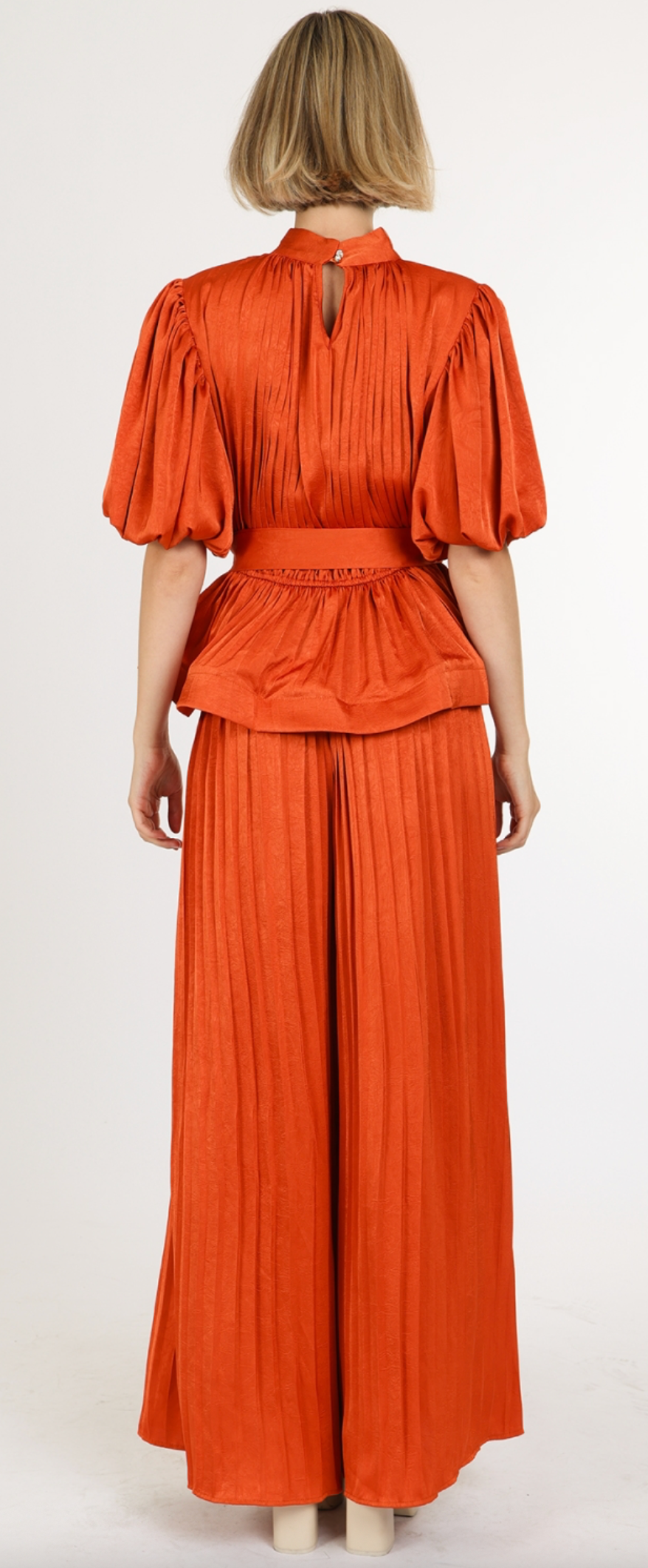 Glossy Texture Belted Pleats Top & Flare Pants Set QC6239