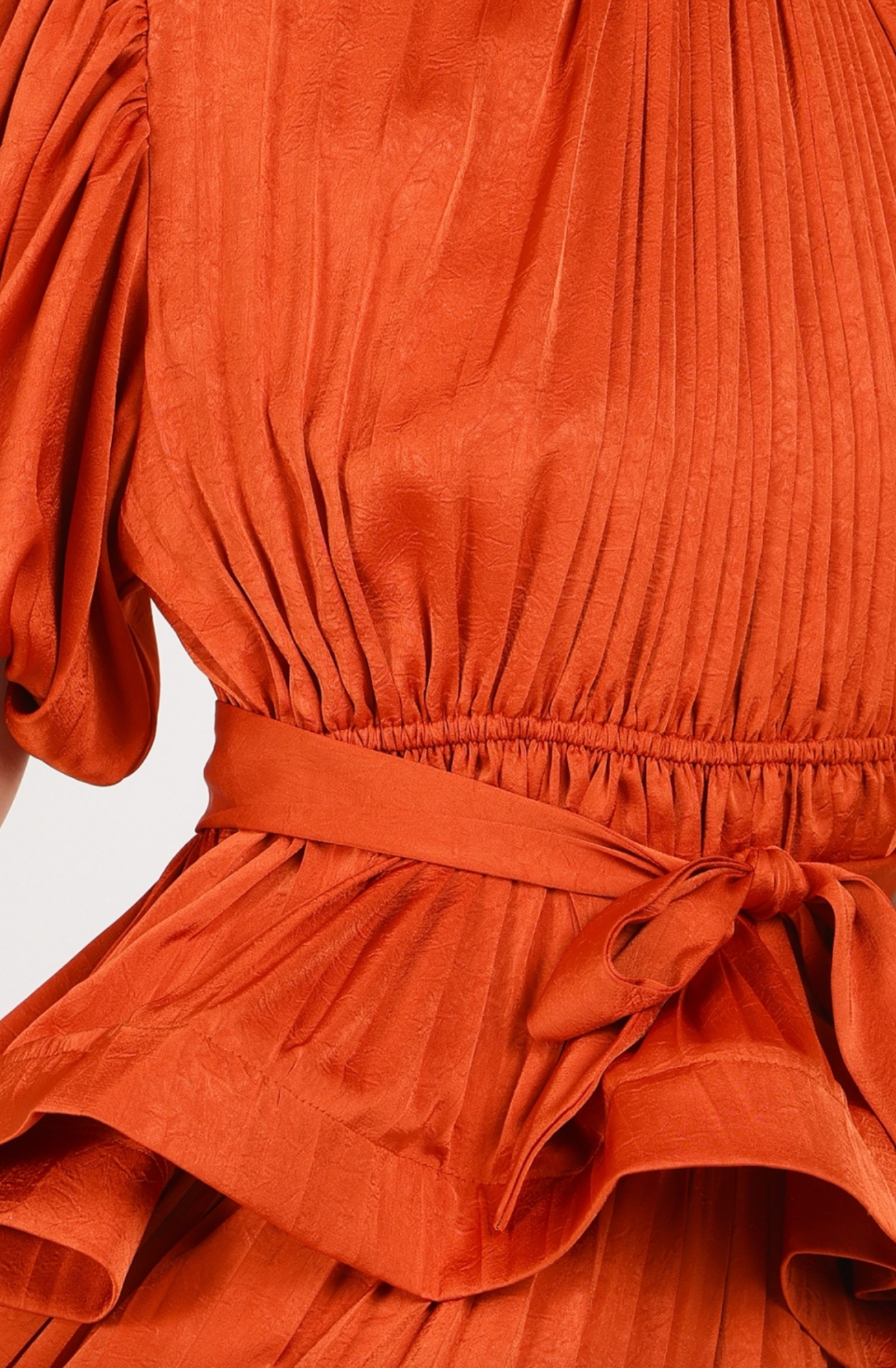 Glossy Texture Belted Pleats Top & Flare Pants Set QC6239