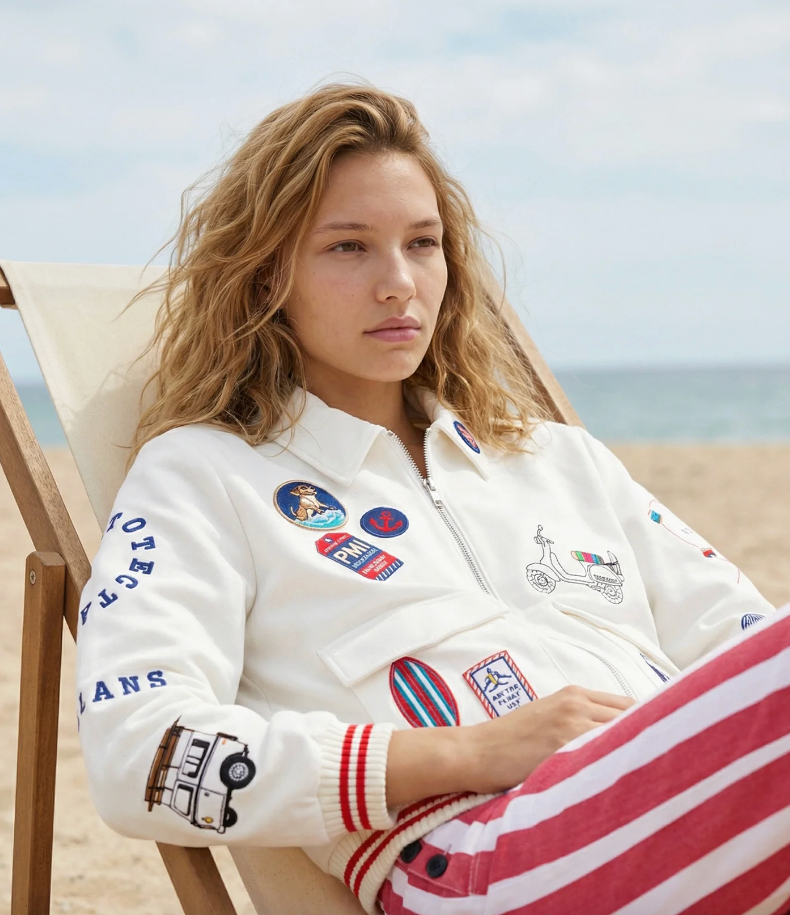 WHITE BOMBER JACKET WITH SURF EMBROIDERY