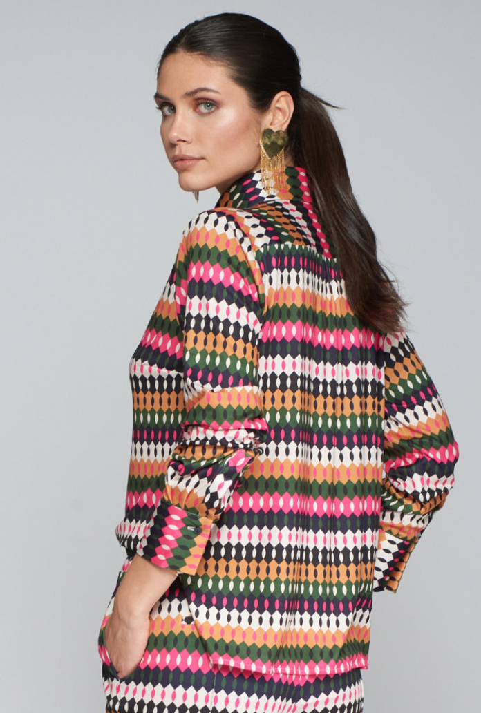 Mariela Printed Stripe Geometric Pattern Long Sleeve Blouse