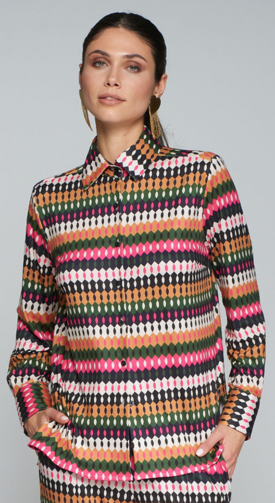 Mariela Printed Stripe Geometric Pattern Long Sleeve Blouse