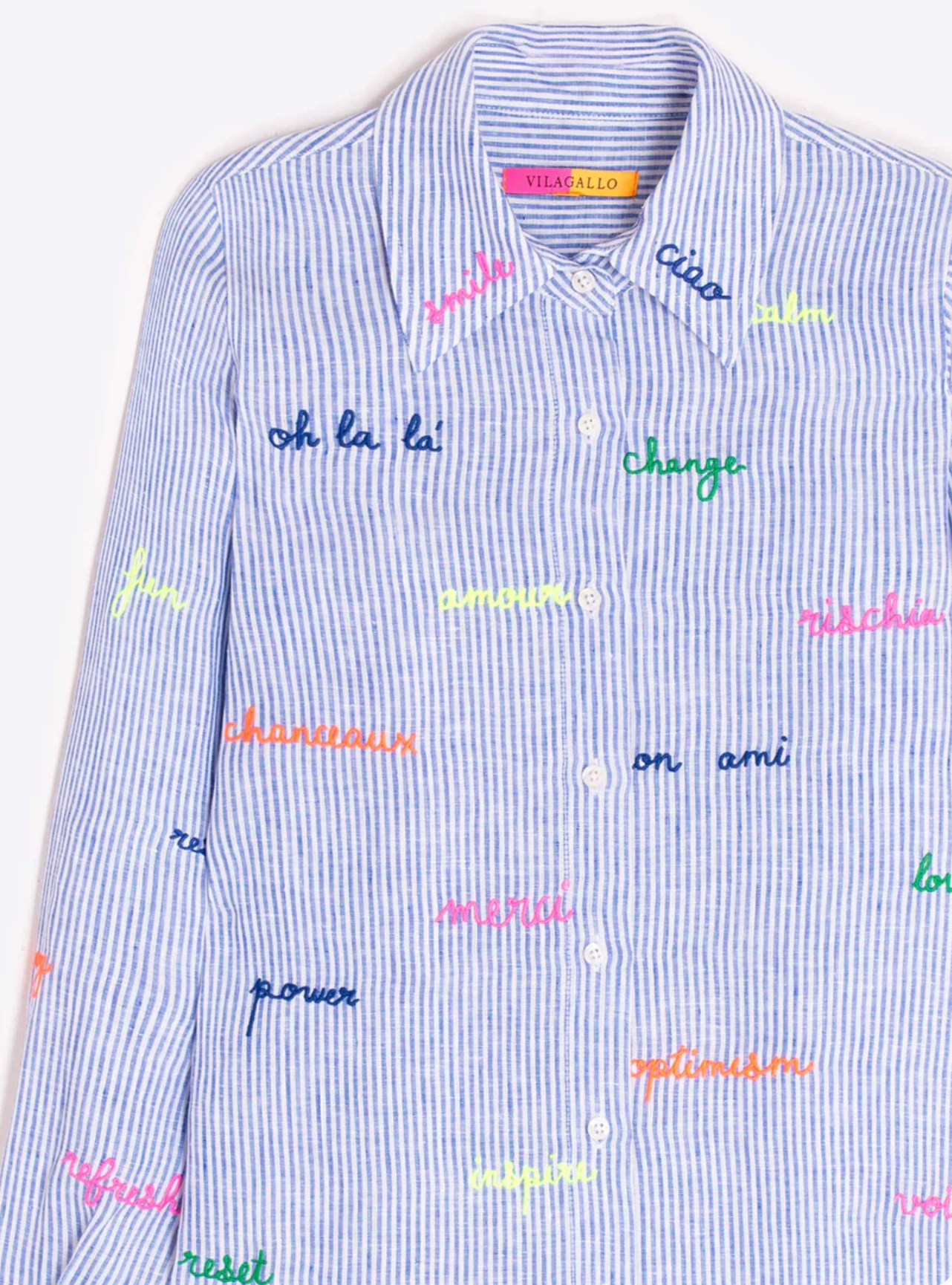 BLUE STRIPED SHIRT WITH EMBROIDERED WORDS