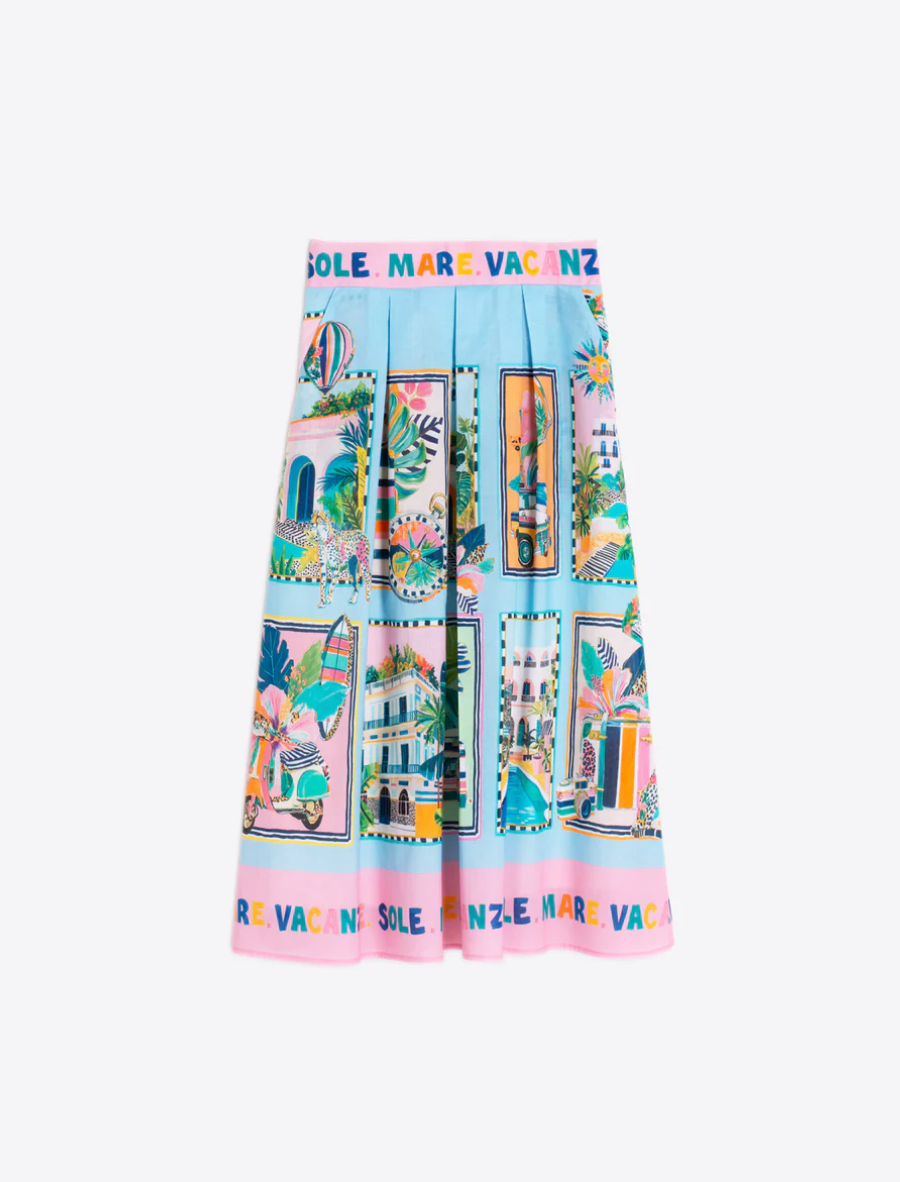 BLUE SKIRT WITH HOLIDAY PRINT