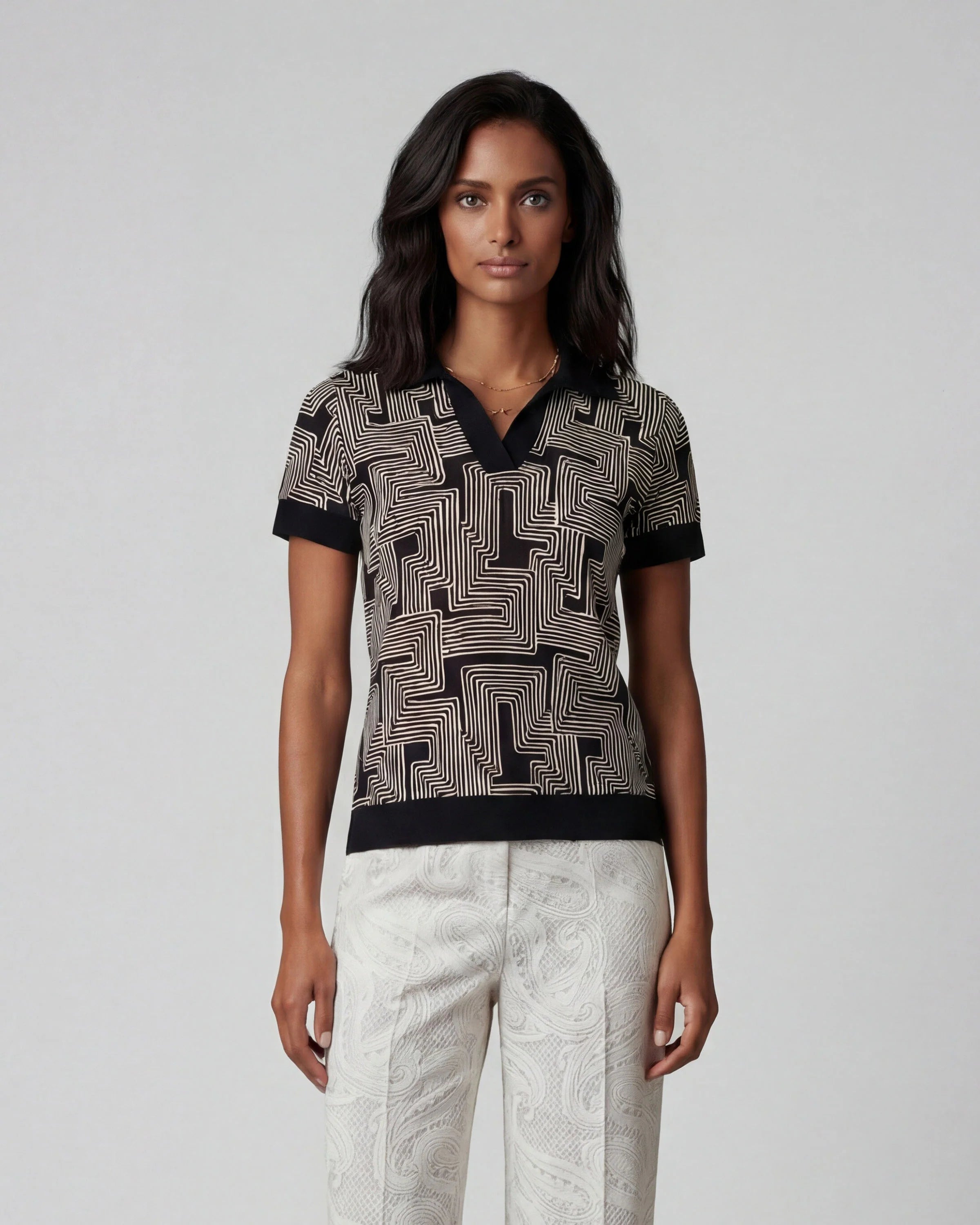 JESSICA INTER TWINE BLACK MERINO SILK CASHMERE POLO