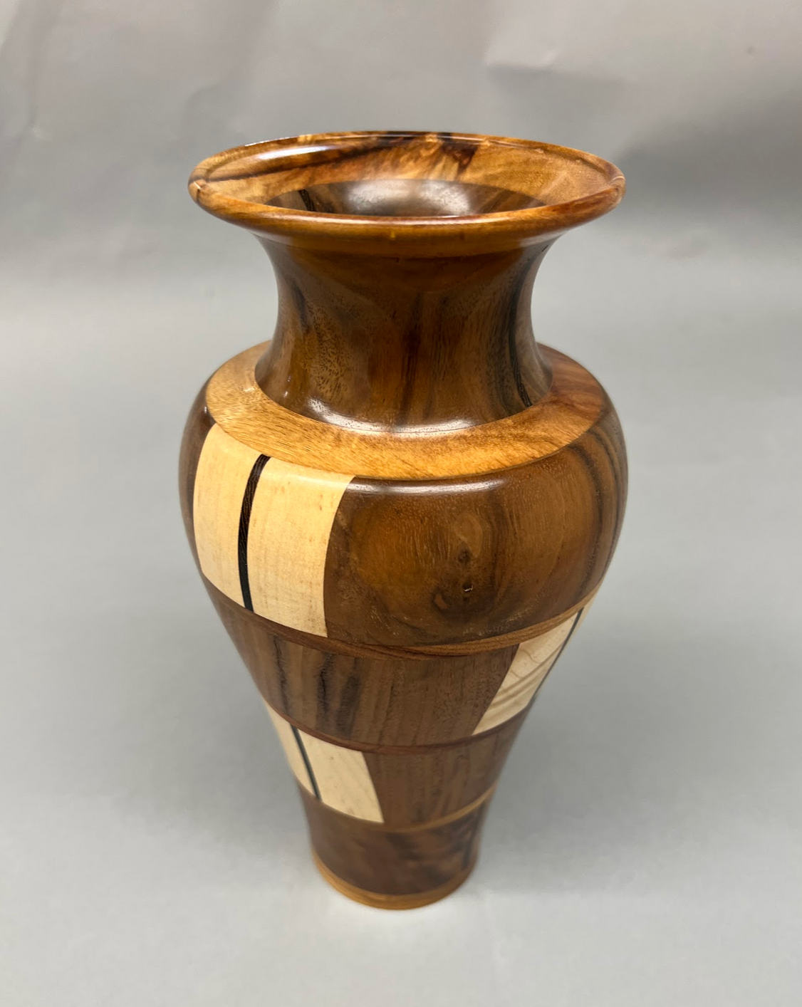 Walnut, Canarywood, Maple and Wenge wood vase.