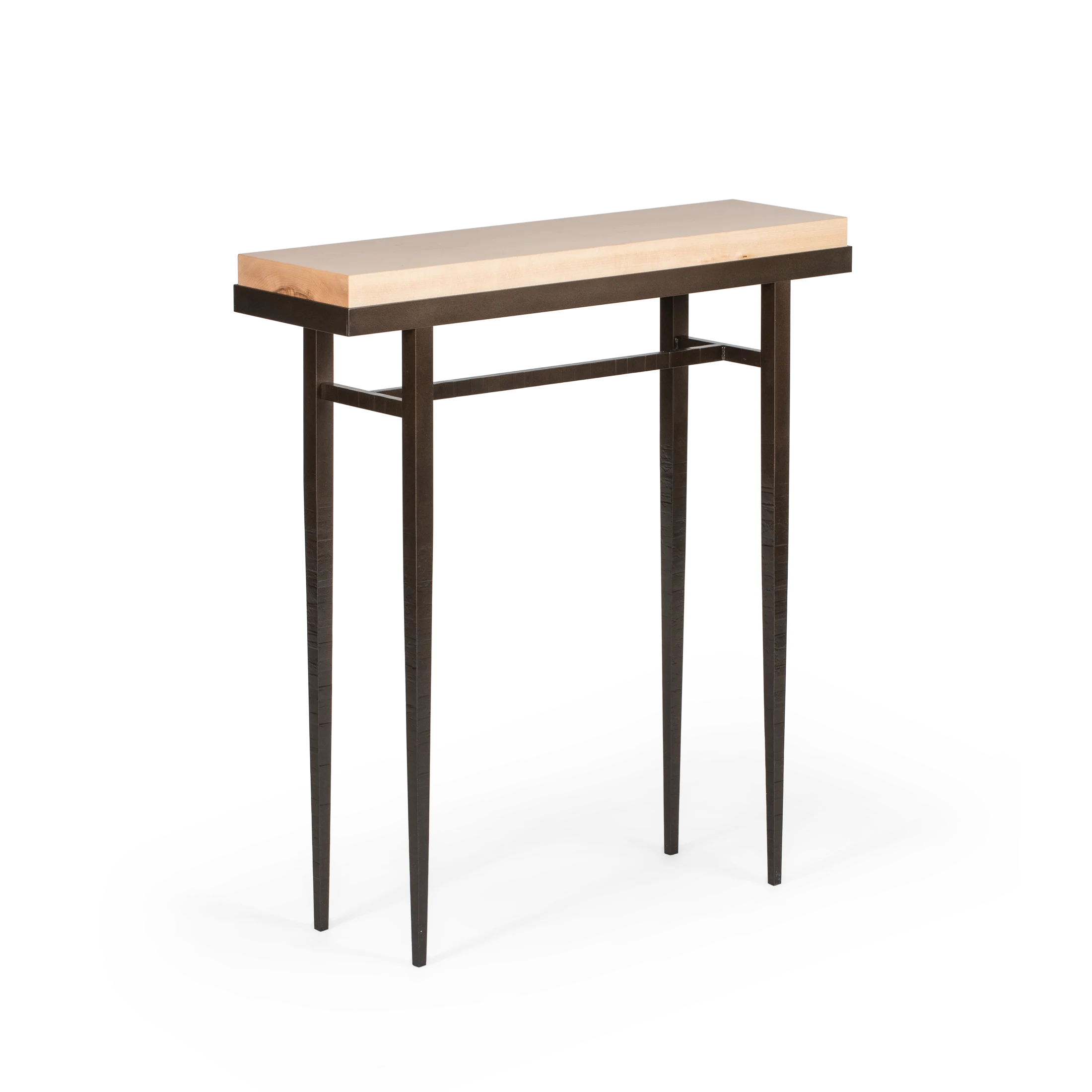 The smallest console table in the Wick Collection, the Wick 30" Console features a 1.5" thick, solid Vermont maple wood top. The maple wood top fits securely, filling the console's narrow steel frame from edge-to-edge. 