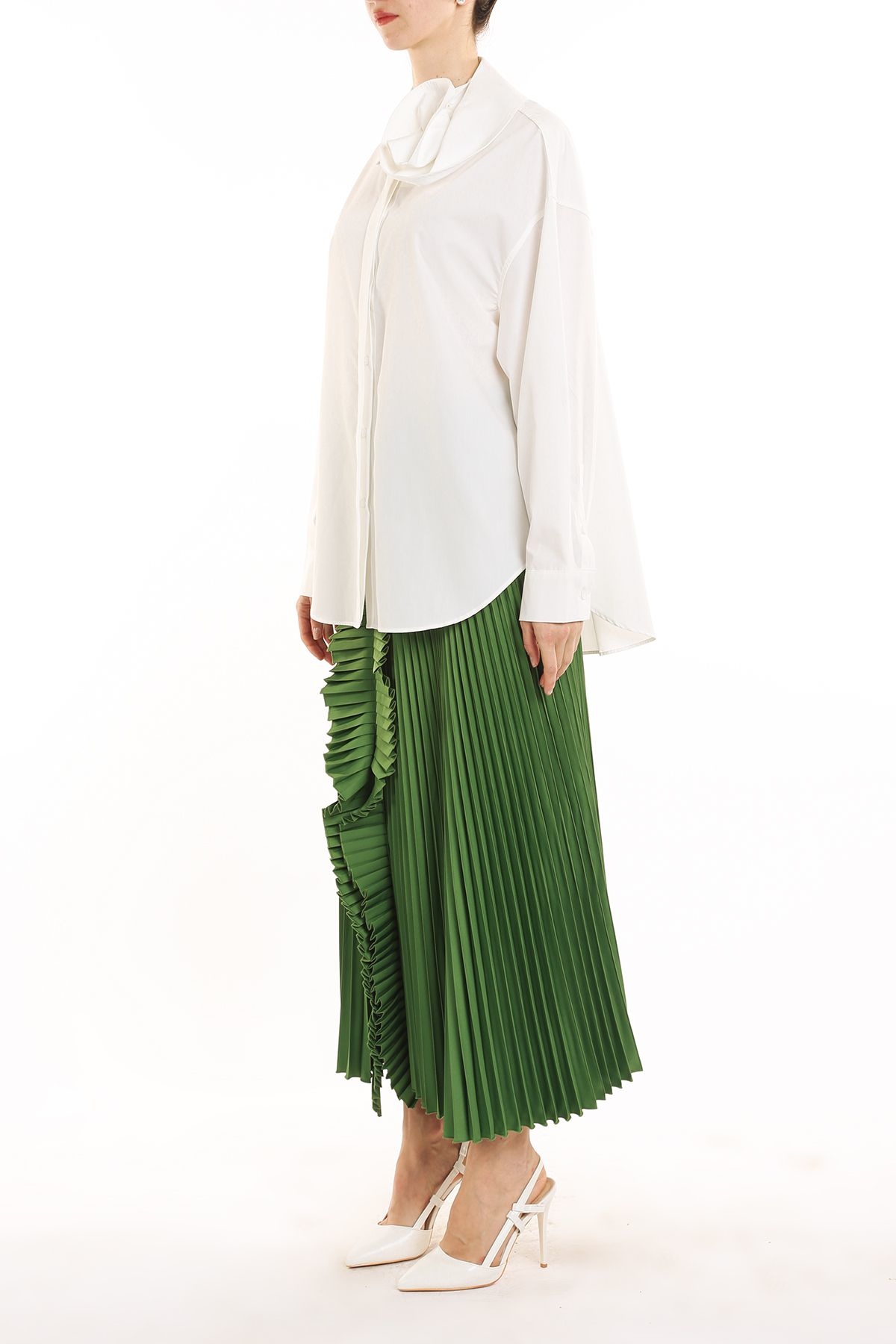 Pleated Ruffle Satin Maxi Skirt