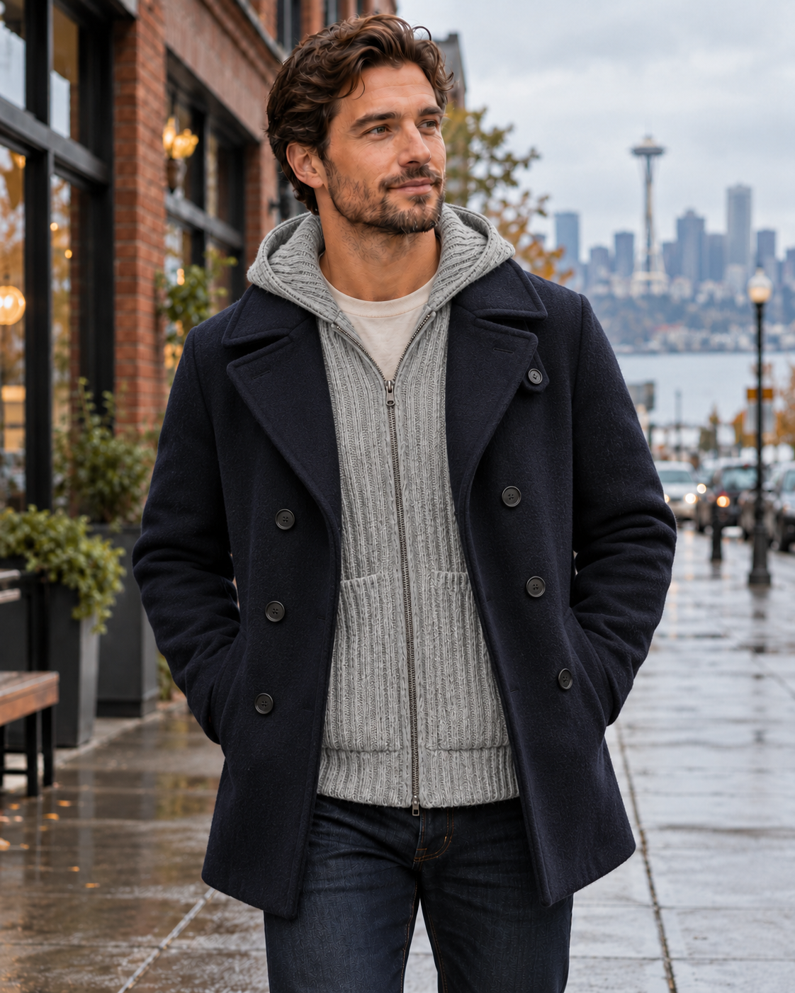 Male model wearing the light heather slate wool hoodie under the dark navy Kermoor Pea Coat in Seattle