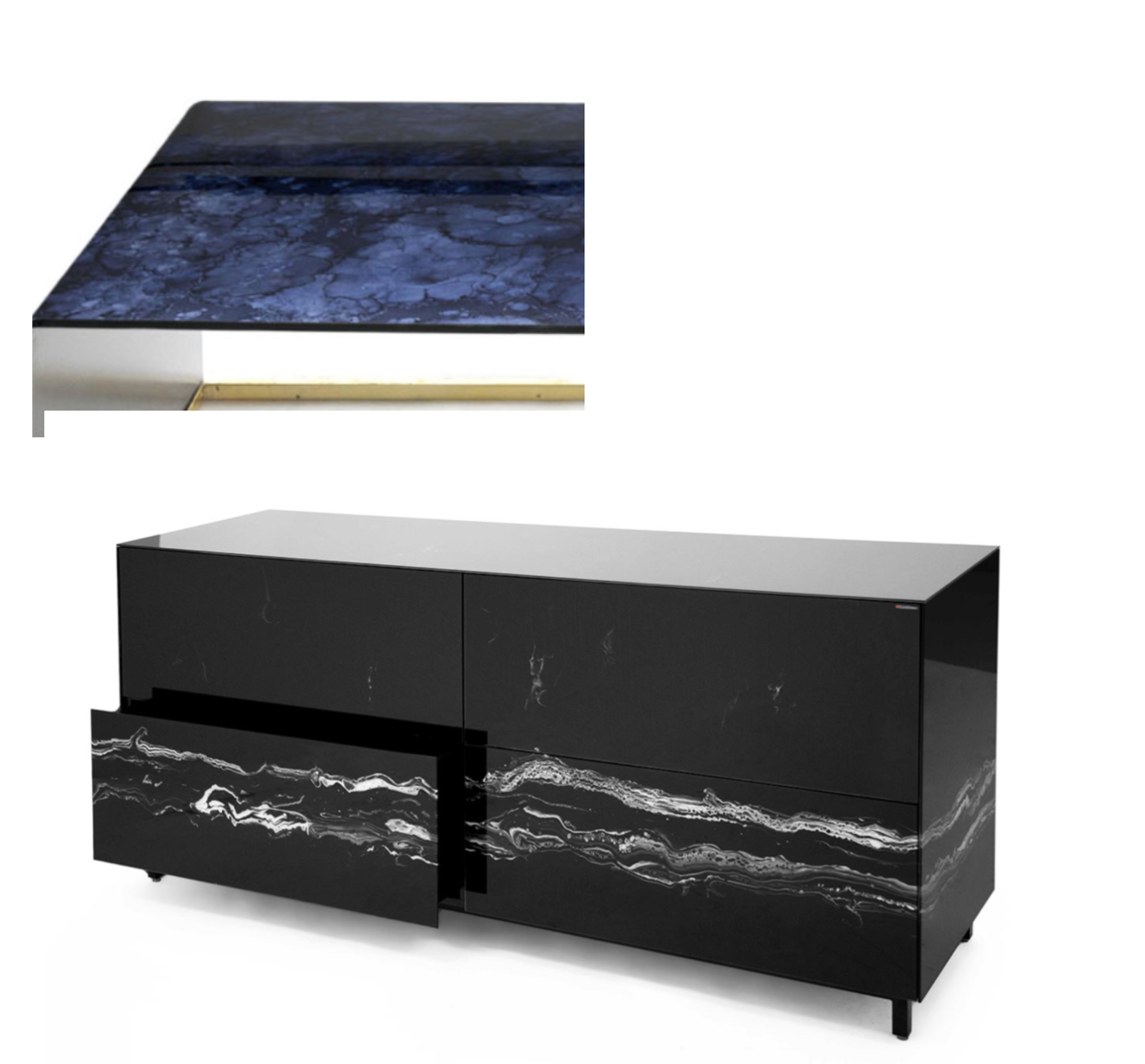 CARLO DRESSER CUSTOM Inches 33 x 18.5 x 29.5h Two DRAWERS *Translucent Royal Blue Splotch with silver (same as showroom finish) REFLEXIO version (all glass except BASE) metal frame finish: BLACK