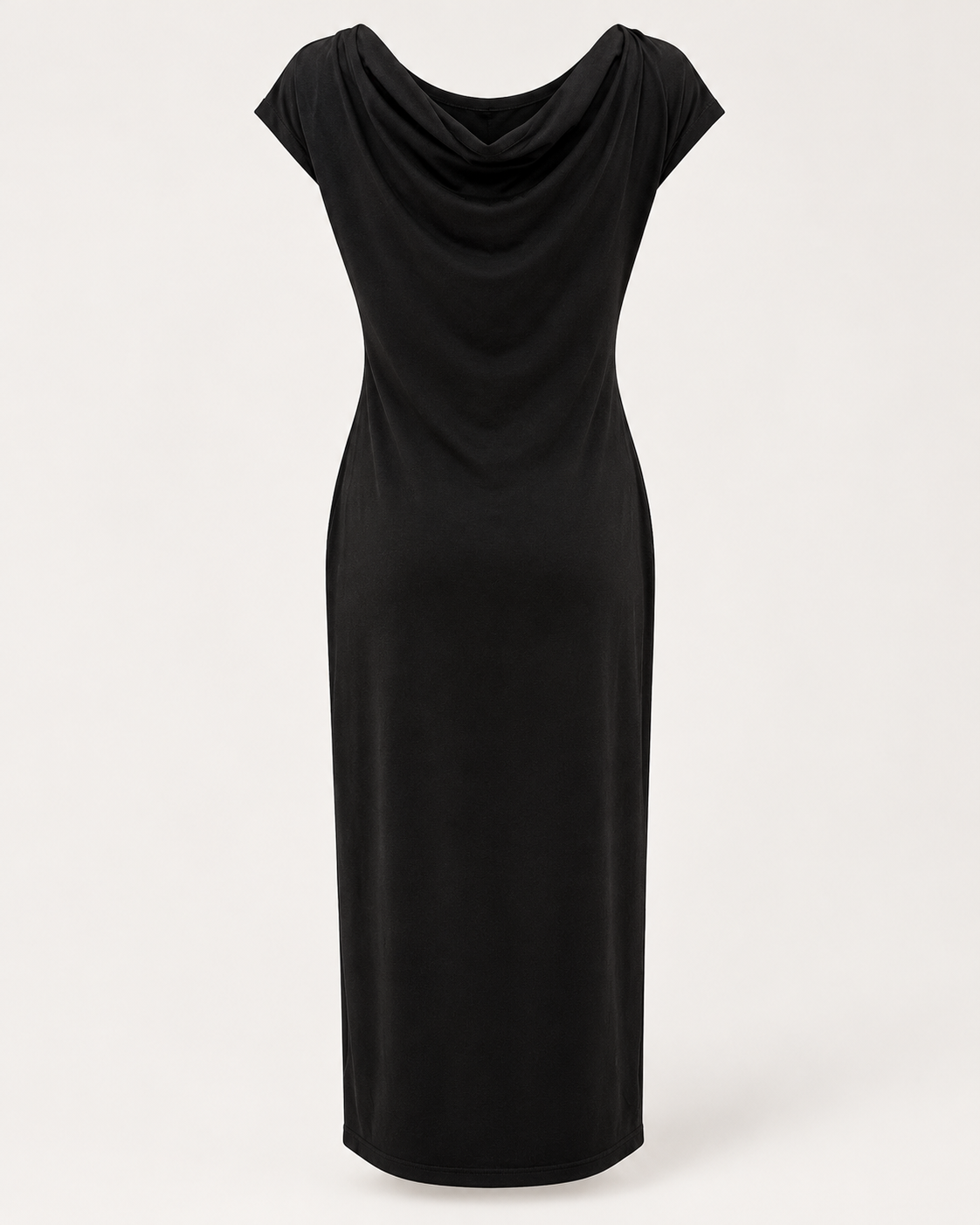 KFLY Midi Reversible Dress in black, garment-only back view with draped cowl neckline