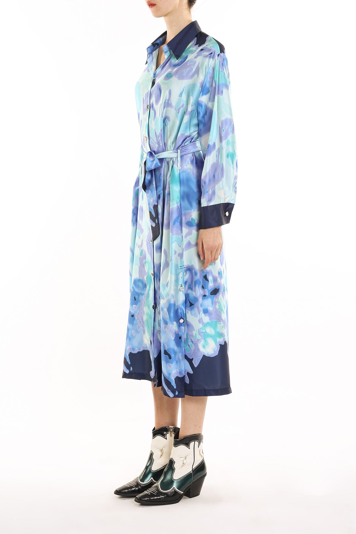 Jovany Watercolor Satin Shirt Dress