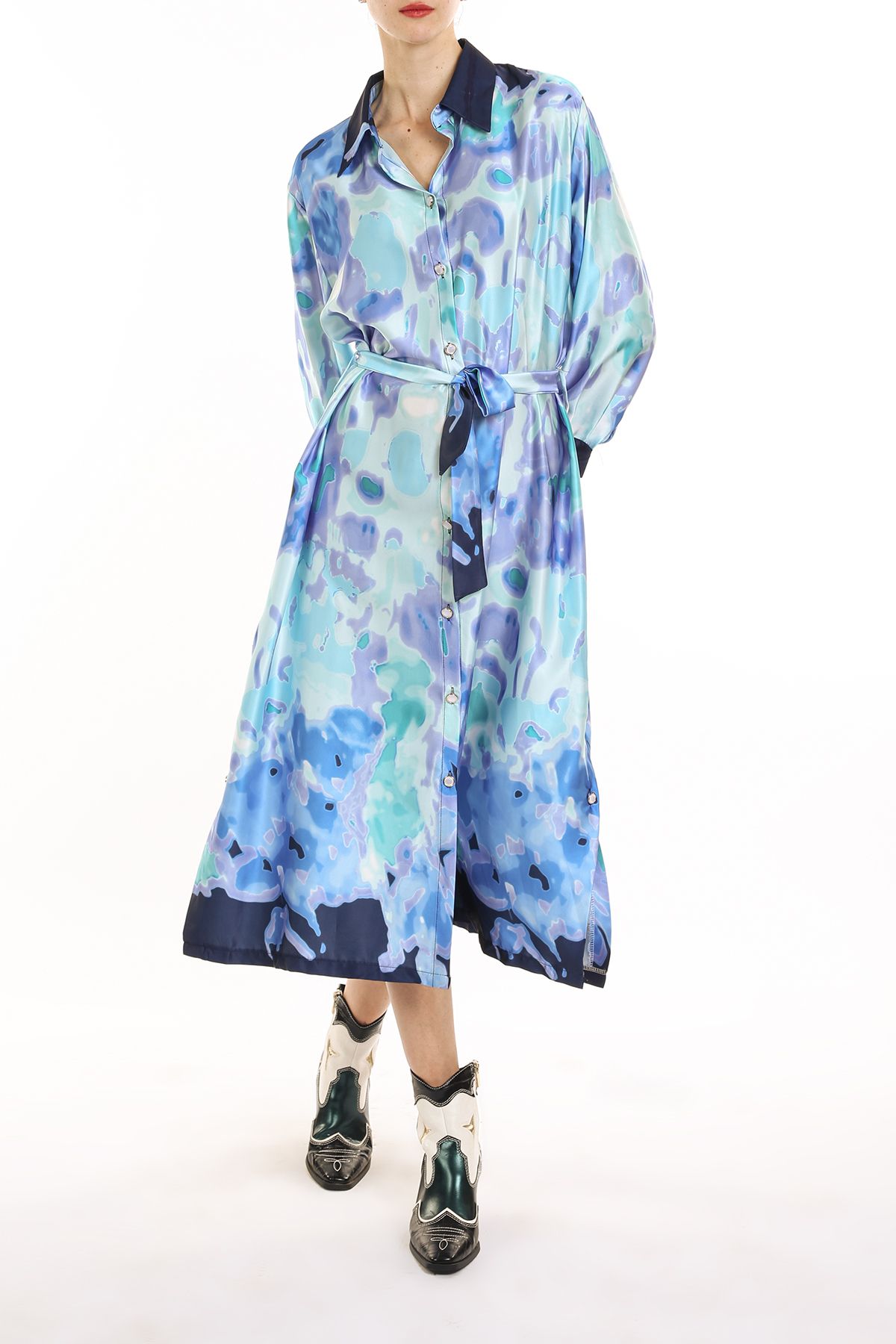 Jovany Watercolor Satin Shirt Dress